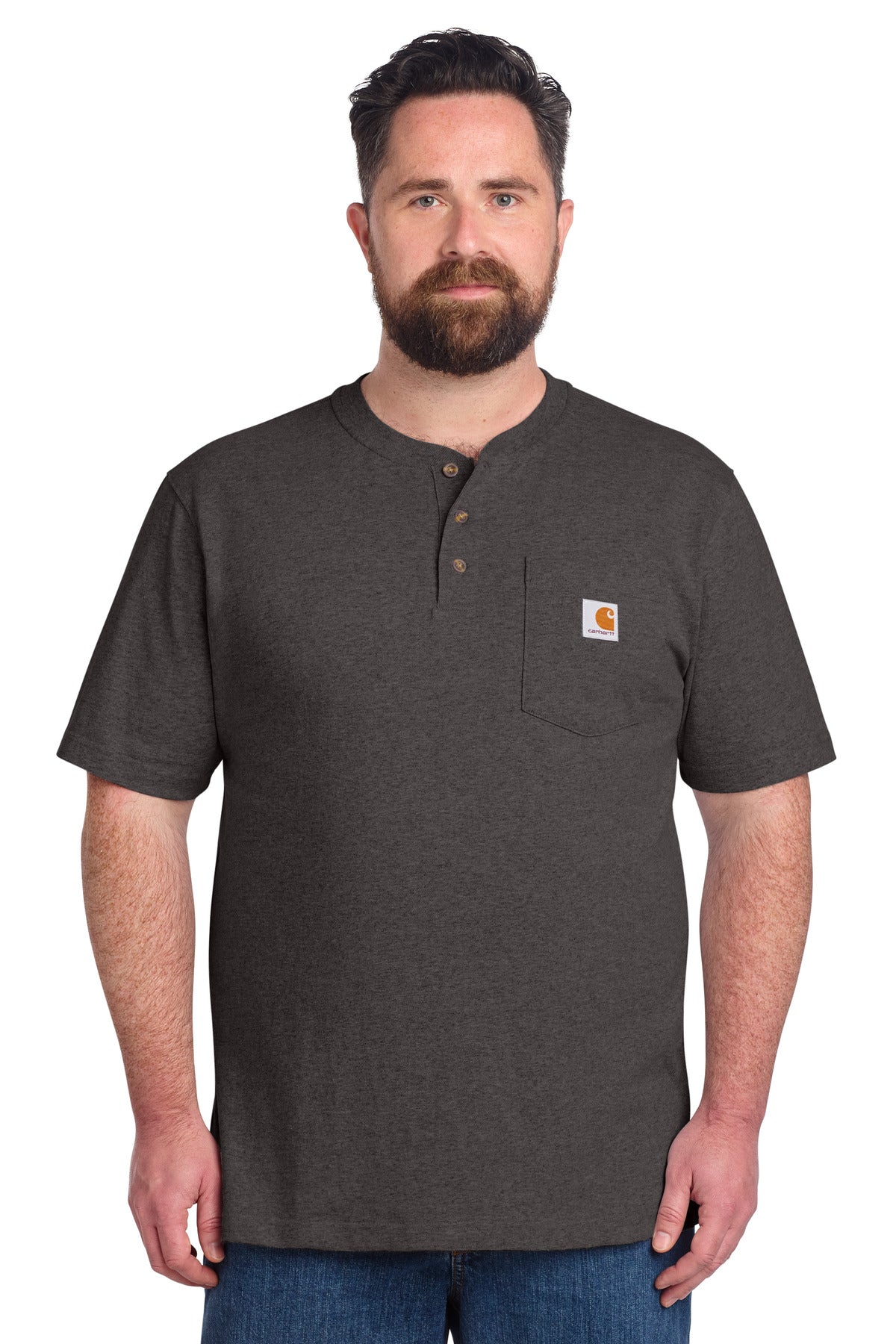 Carhartt short sleeve Henley T-shirt in carbon heather, front view showing classic collar and button placket.