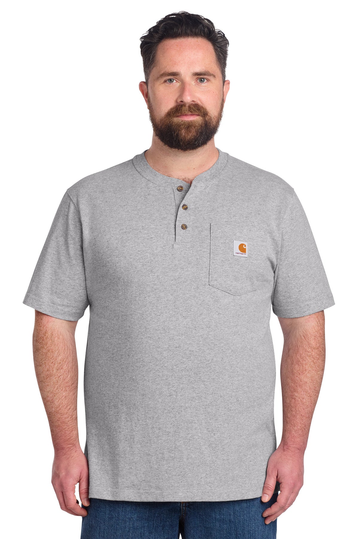 Carhartt short sleeve henley T-shirt in heather grey, front view showing classic neckline and casual fit.