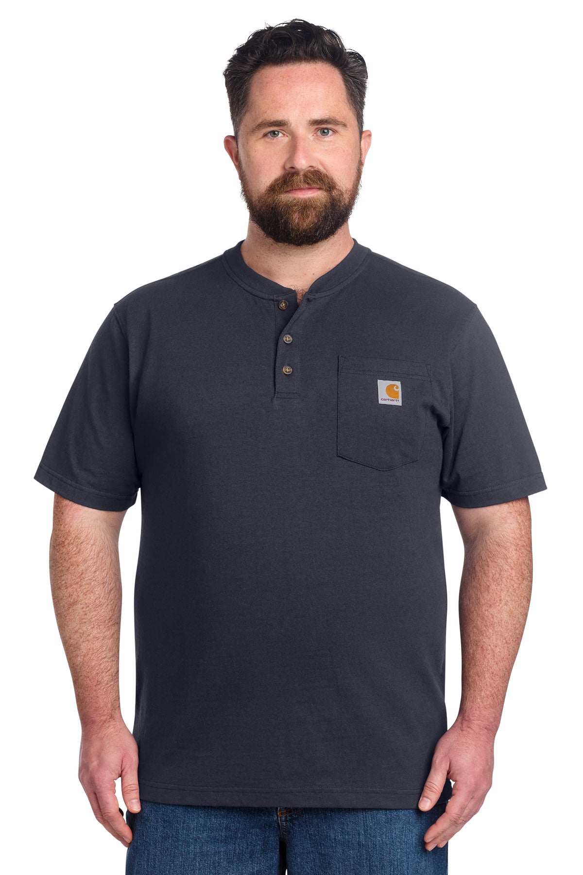 Navy Carhartt short sleeve Henley T-shirt with buttoned neckline and logo patch on chest, worn by male model.