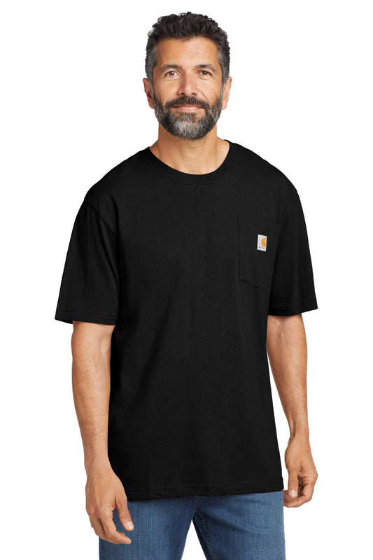 Black Carhartt Workwear Pocket Short Sleeve T-Shirt with front chest pocket, displayed on a model.