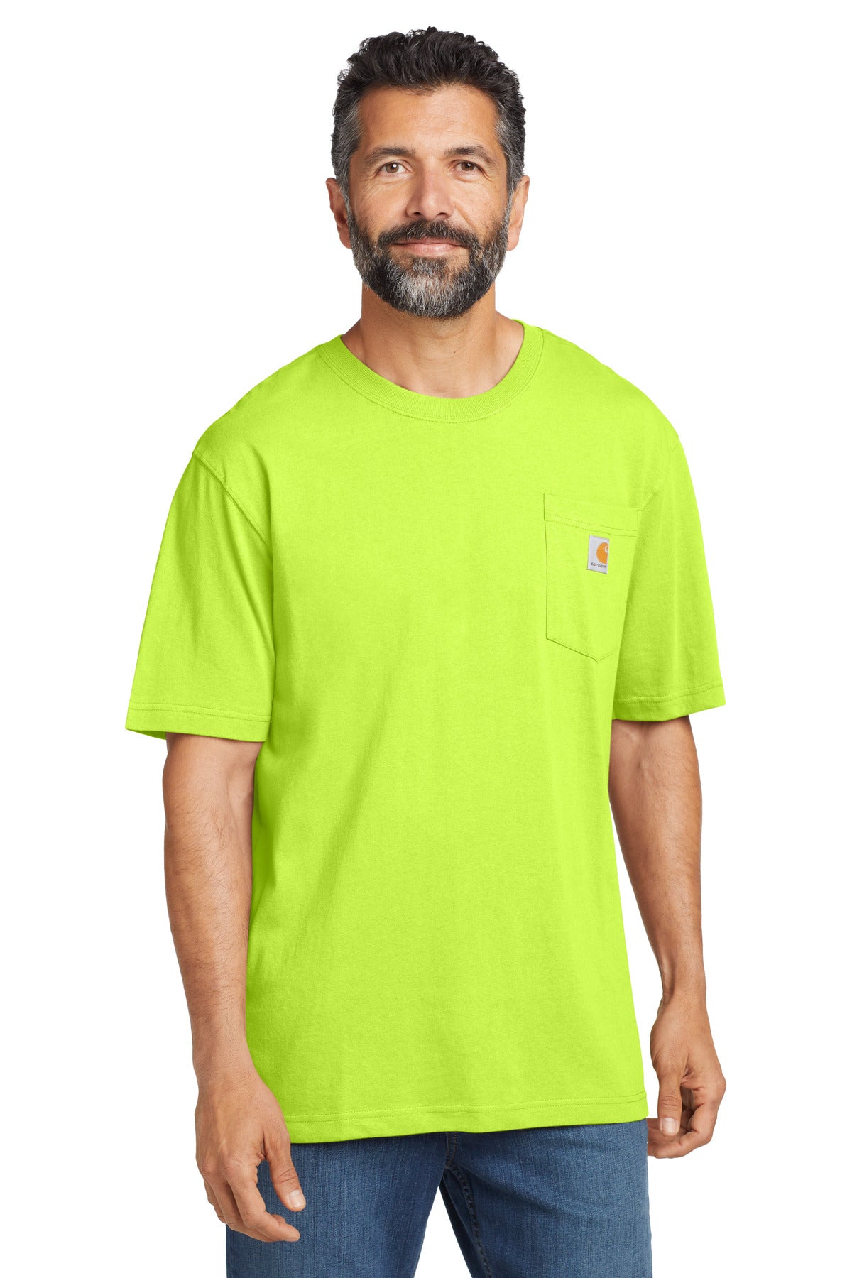 Carhartt Workwear Pocket Short Sleeve T-Shirt in bretlilime, front view showing chest pocket and classic fit.