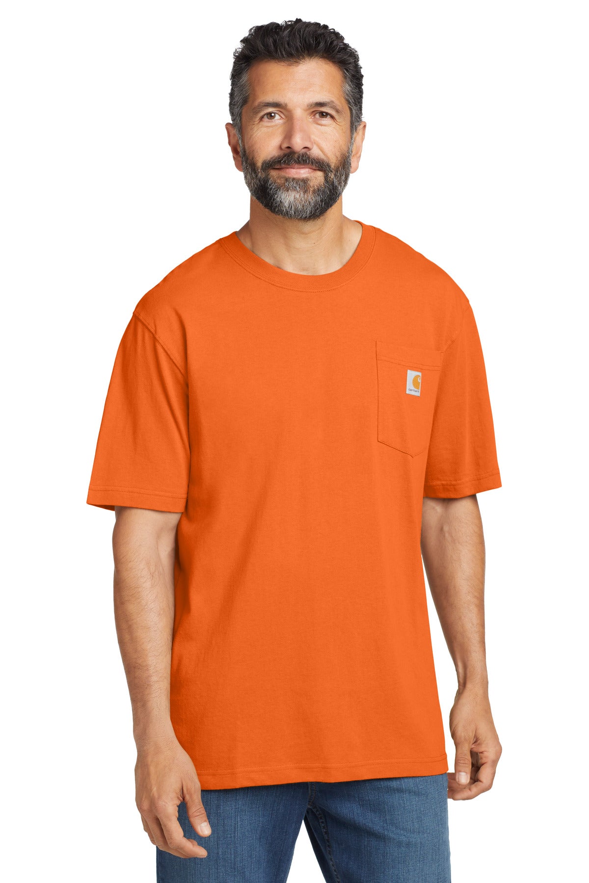 Carhartt workwear pocket short sleeve T-shirt in bright orange, front view showing chest pocket and classic fit