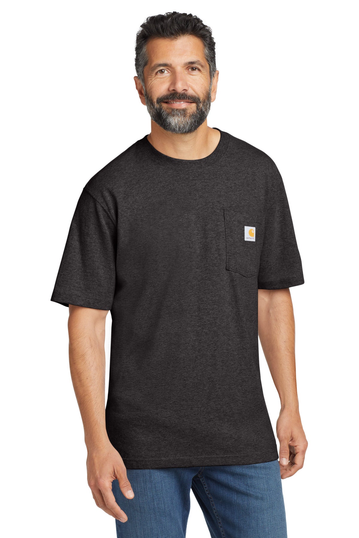 Carhartt workwear pocket short sleeve T-shirt in carbon heather, front view showing chest pocket and classic fit.