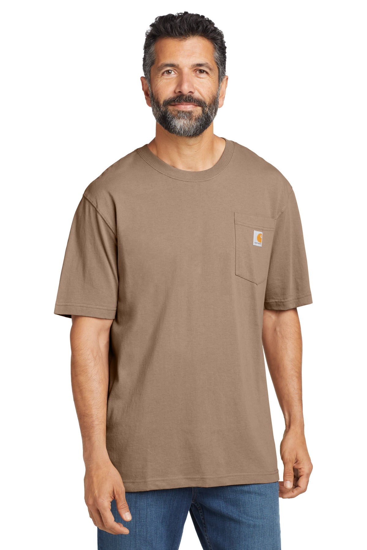 Carhartt workwear pocket short sleeve T-shirt in desert color, with front pocket and classic fit, shown on a model.