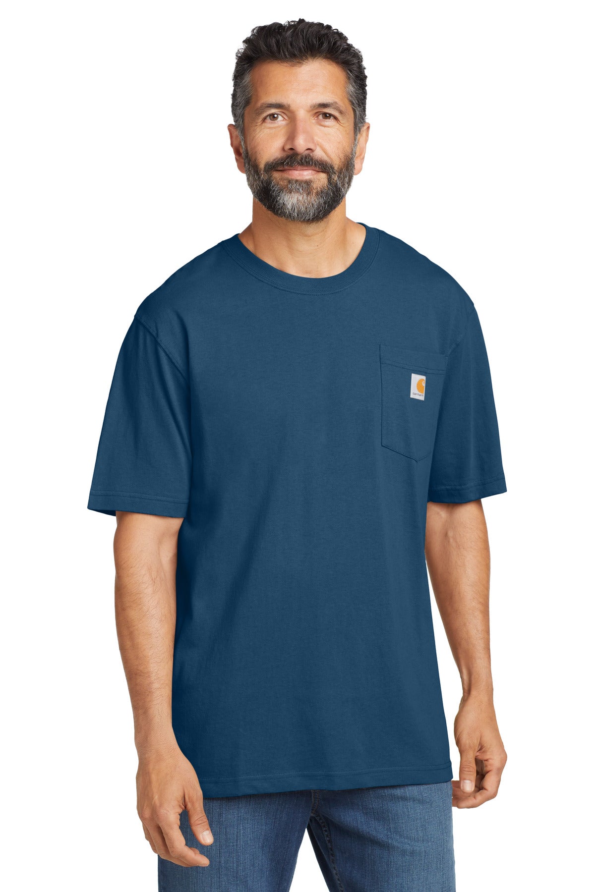 Carhartt Workwear Pocket Short Sleeve T-Shirt in lakeshore color, front view showing chest pocket and logo detail