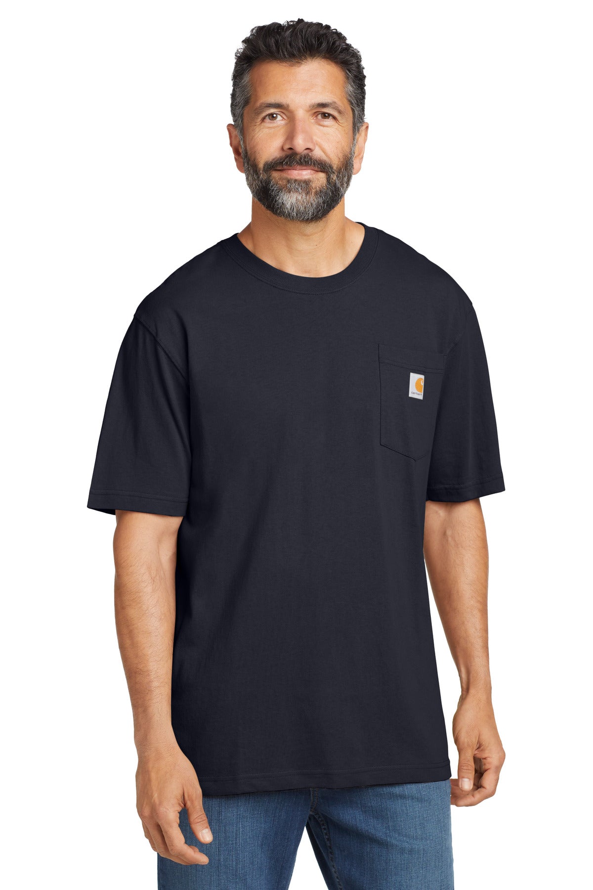 Navy Carhartt Workwear Pocket Short Sleeve T-Shirt with front chest pocket, displayed on a model.
