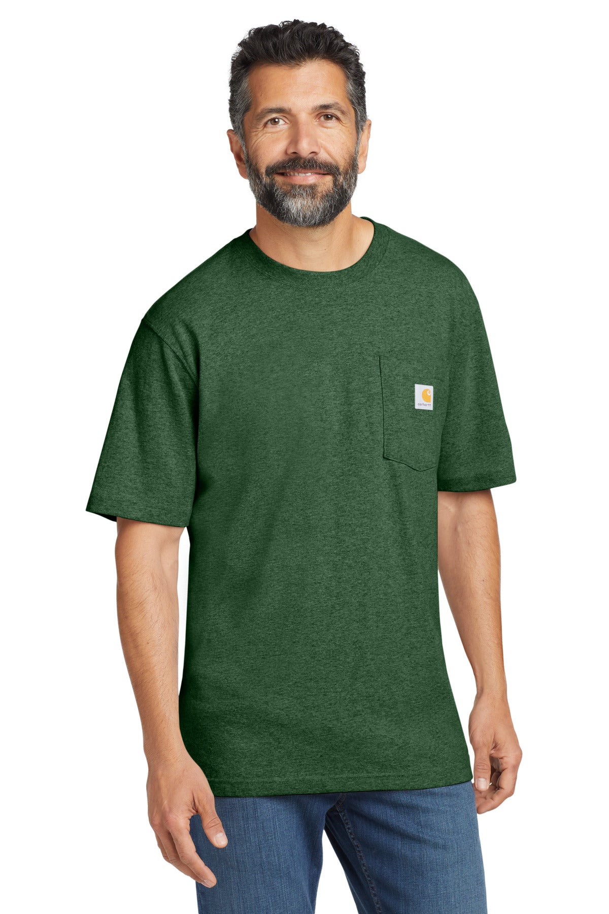 Carhartt Workwear Pocket Short Sleeve T-Shirt in Heather, front view showing chest pocket and durable fabric.