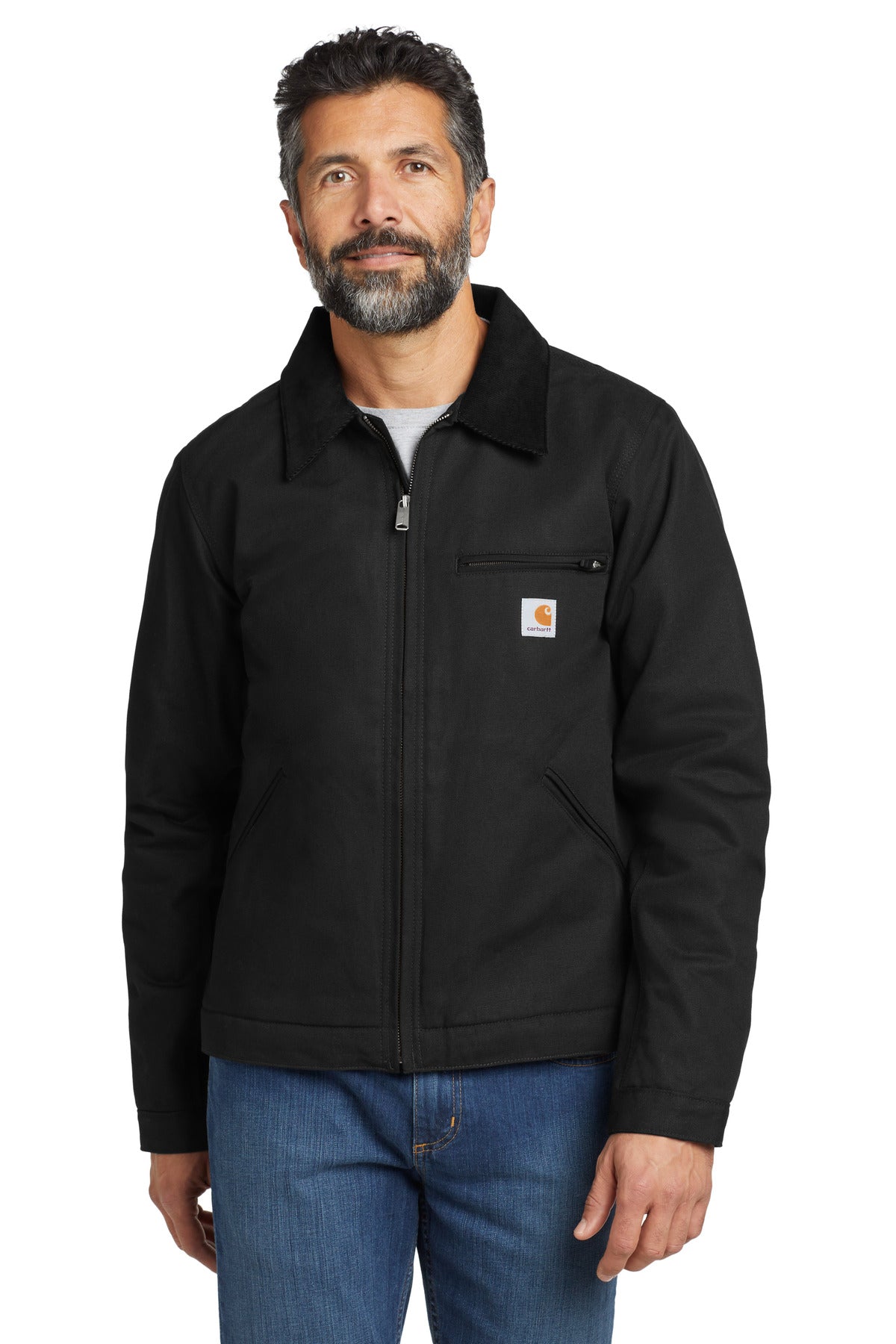 Front view of the Carhartt Tall Duck Detroit Jacket in black, showing durable canvas fabric and classic design.