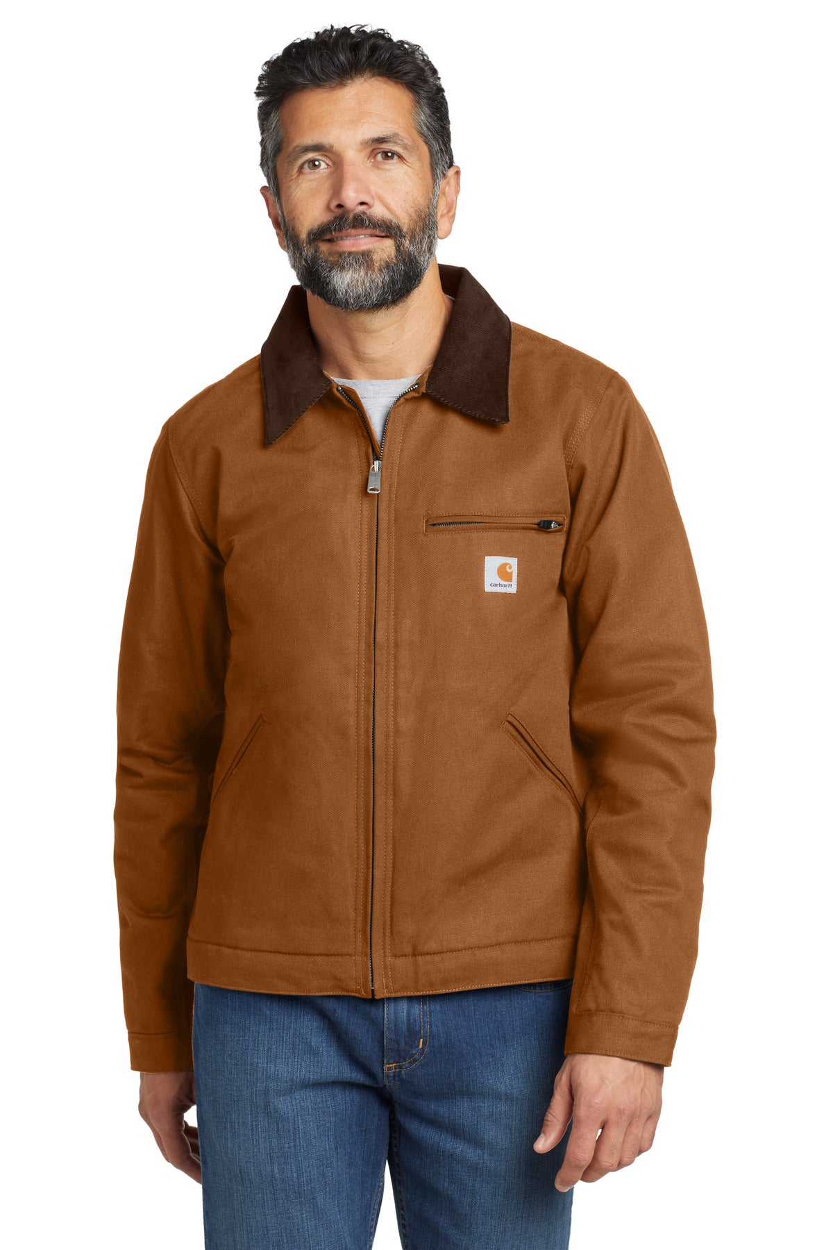 Front view of Carhartt Tall Duck Detroit Jacket in brown, showcasing durable canvas fabric and classic workwear design.