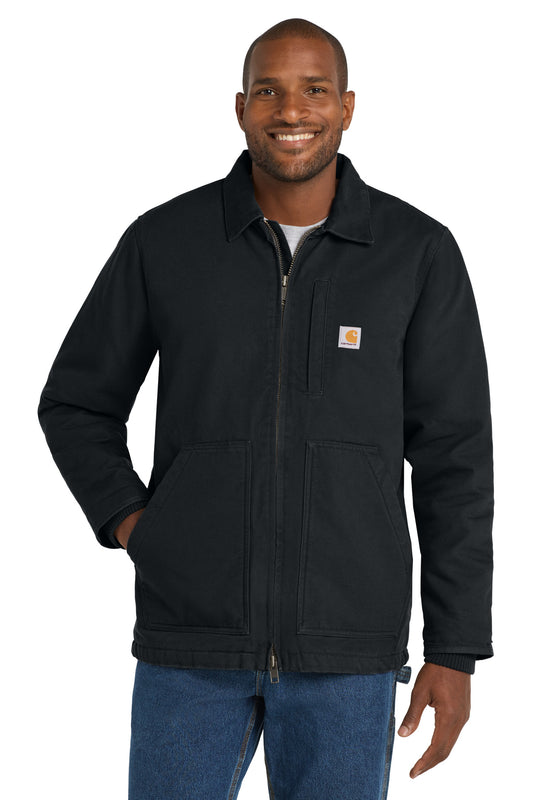 Black Carhartt Tall Sherpa-Lined Coat CTT104293 displayed on a model from the front view. Warm, durable winter outerwear.