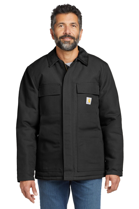 Front view of Carhartt Tall Duck Traditional Coat in black, showcasing durable canvas fabric and classic workwear design.