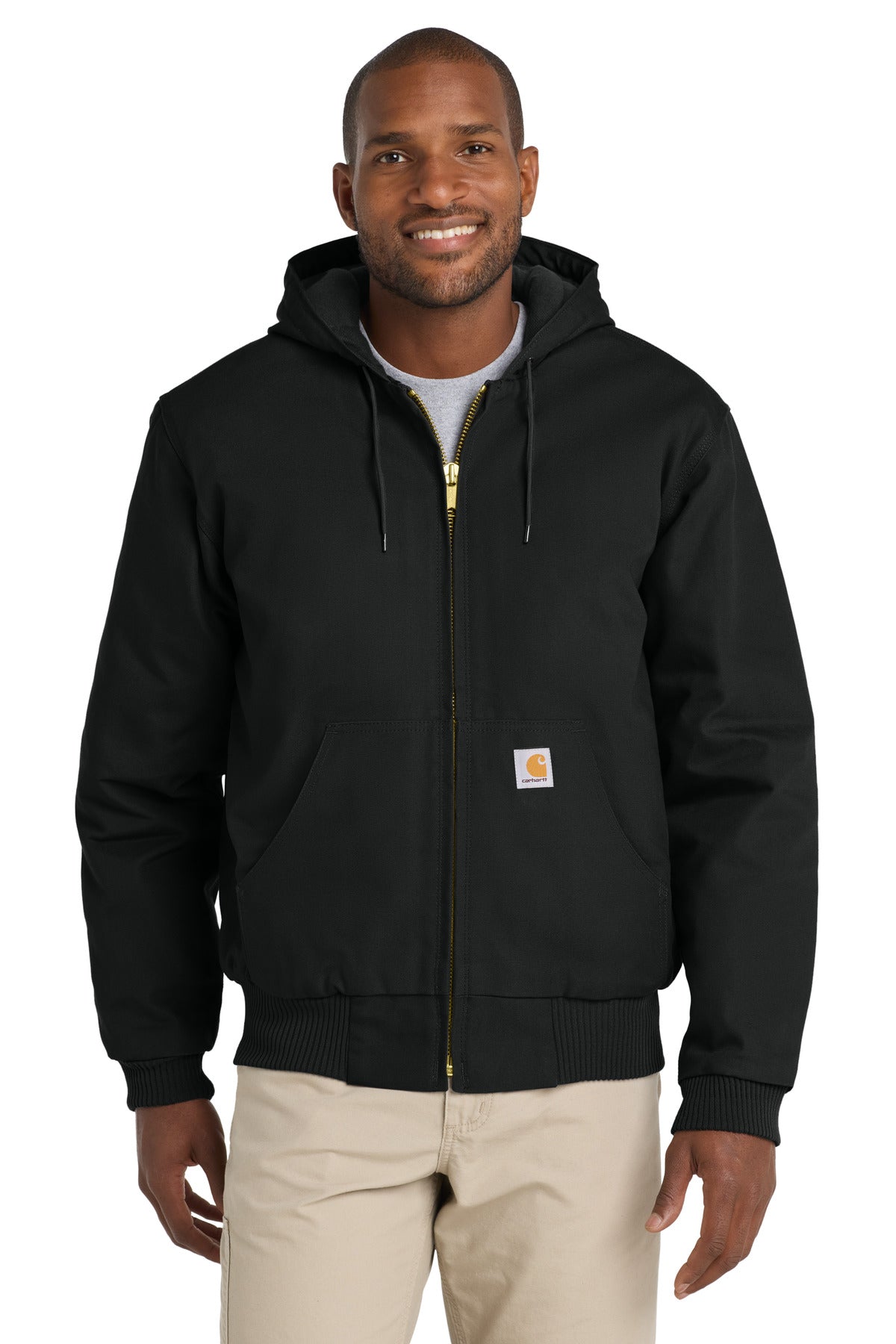Black Carhartt Tall Quilted-Flannel-Lined Duck Active Jac front view, durable work jacket with quilted lining and rugged duck fabric.