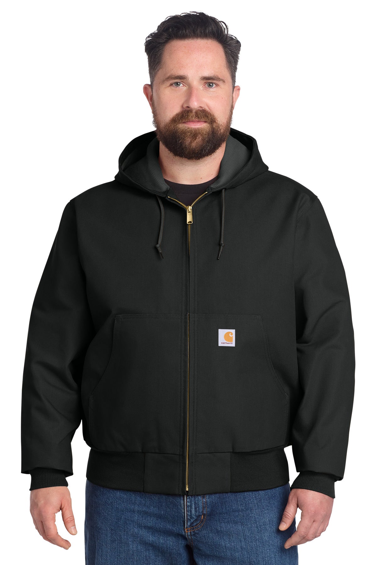 Black Carhartt Tall Thermal-Lined Duck Active Jac front view, featuring durable workwear with thermal lining for warmth and comfort.