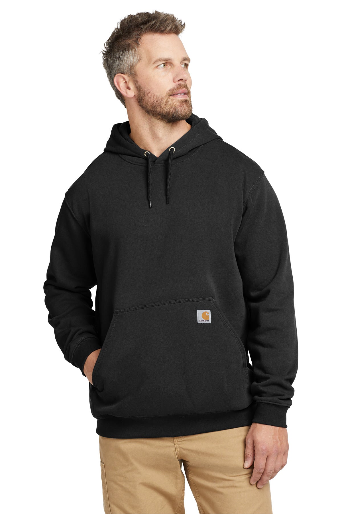Black Carhartt® Tall Midweight Hooded Sweatshirt modeled from the front, showing a classic hood, logo patch, and comfortable fit.
