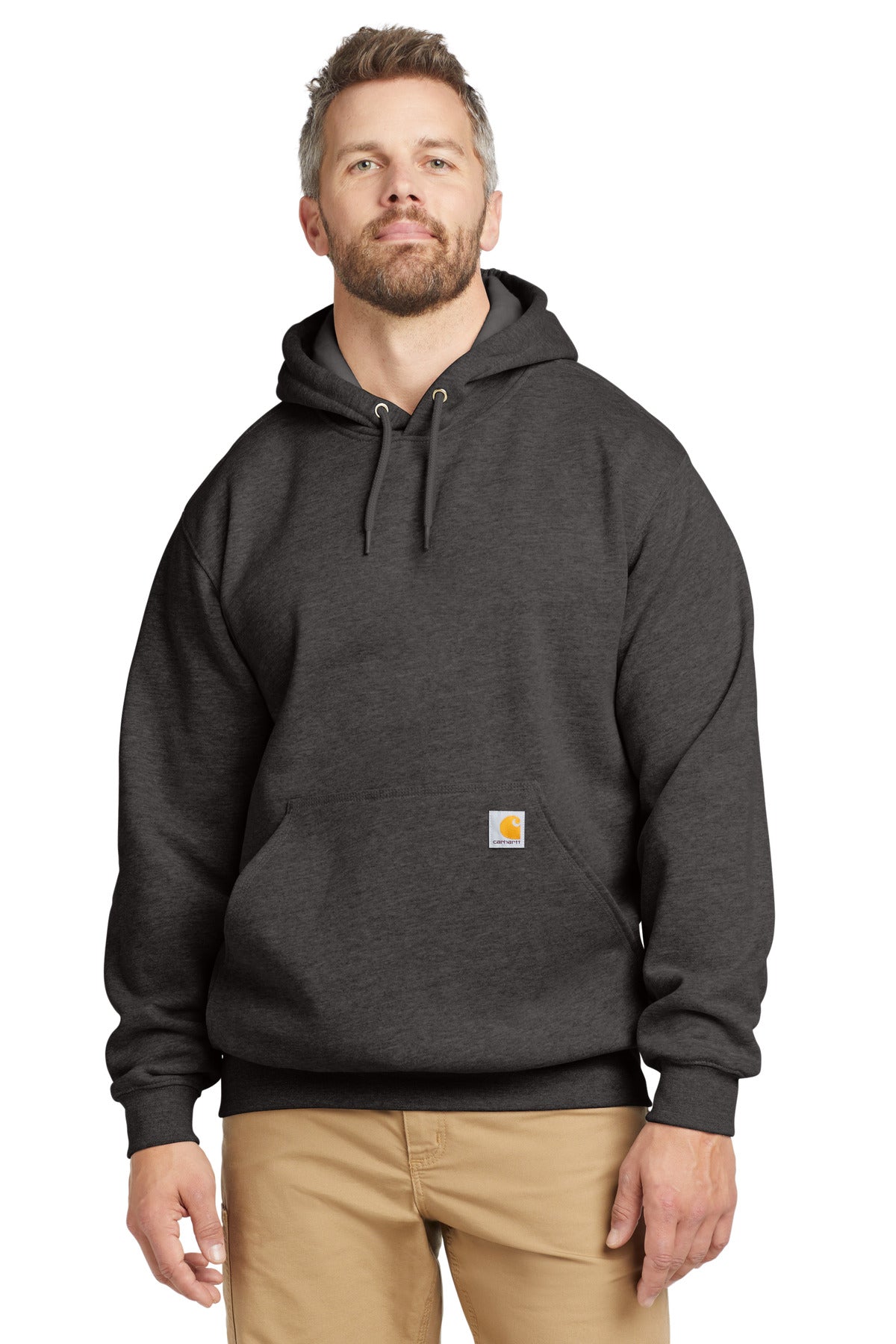 Carhartt tall midweight hooded sweatshirt in carbon heather, front view, soft fabric, adjustable hood, and ribbed cuffs.