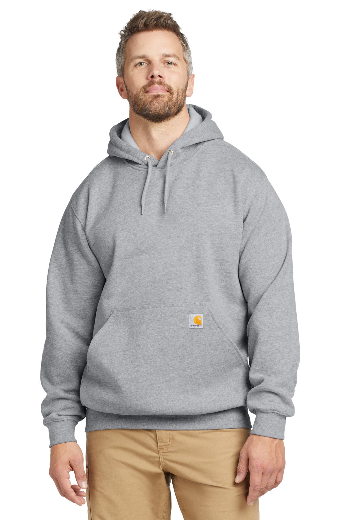 Carhartt tall midweight hooded sweatshirt in heather grey, front view showing the logo and cozy hooded design.