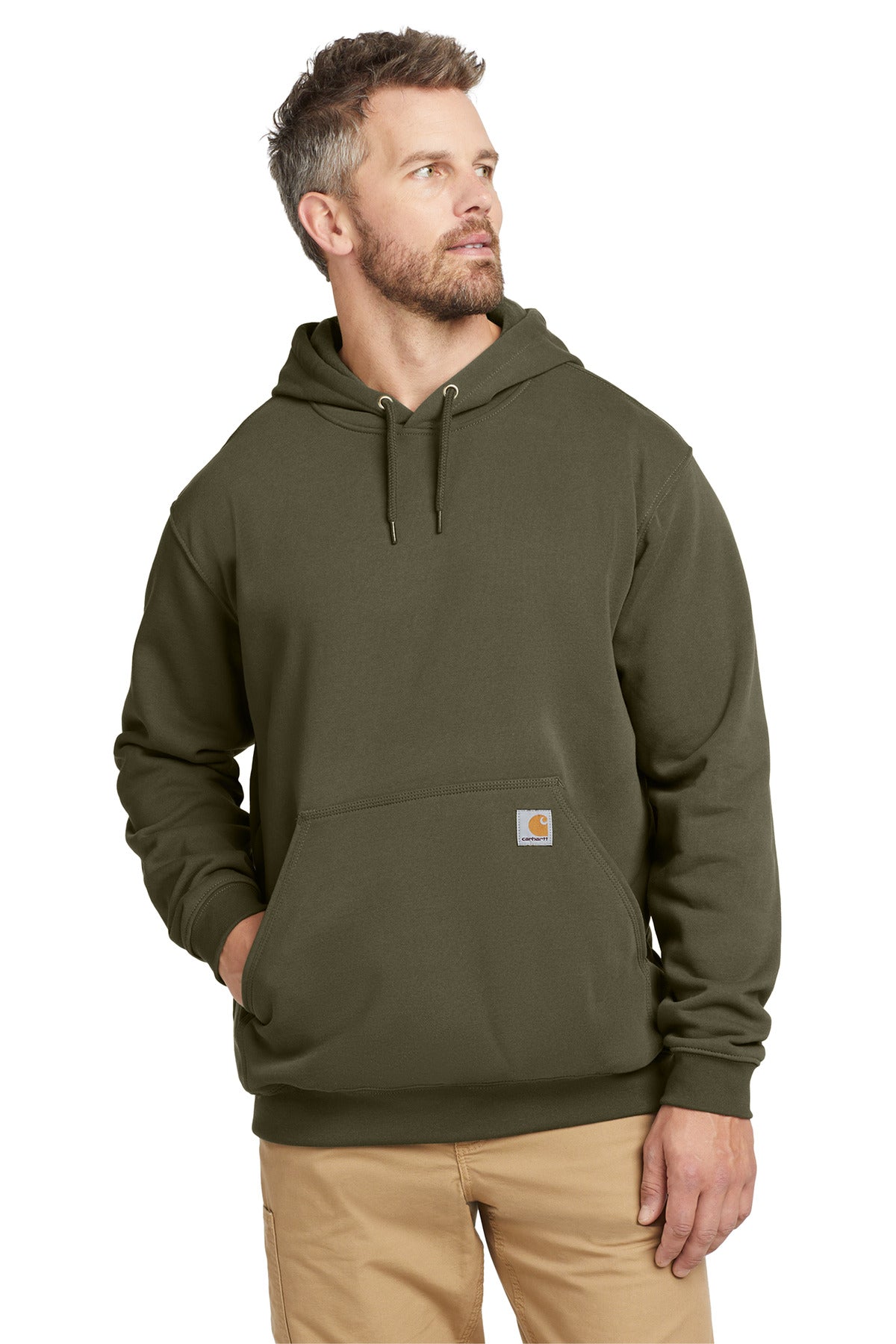 Carhartt tall midweight hooded sweatshirt in moss color, front view showing the hood and classic design.