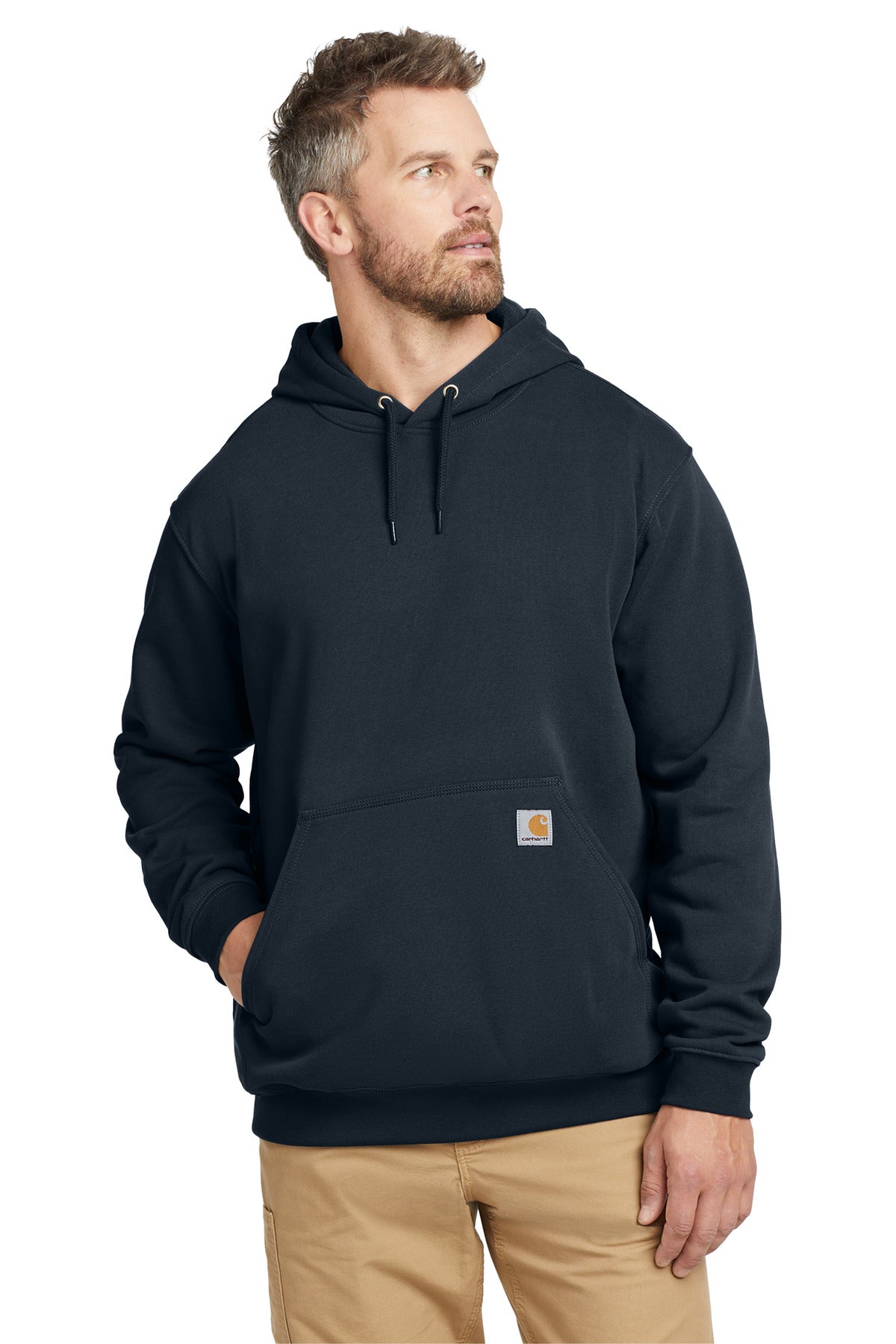 Carhartt tall midweight hooded sweatshirt in navy, front view, featuring a hood, logo, and comfortable fit.