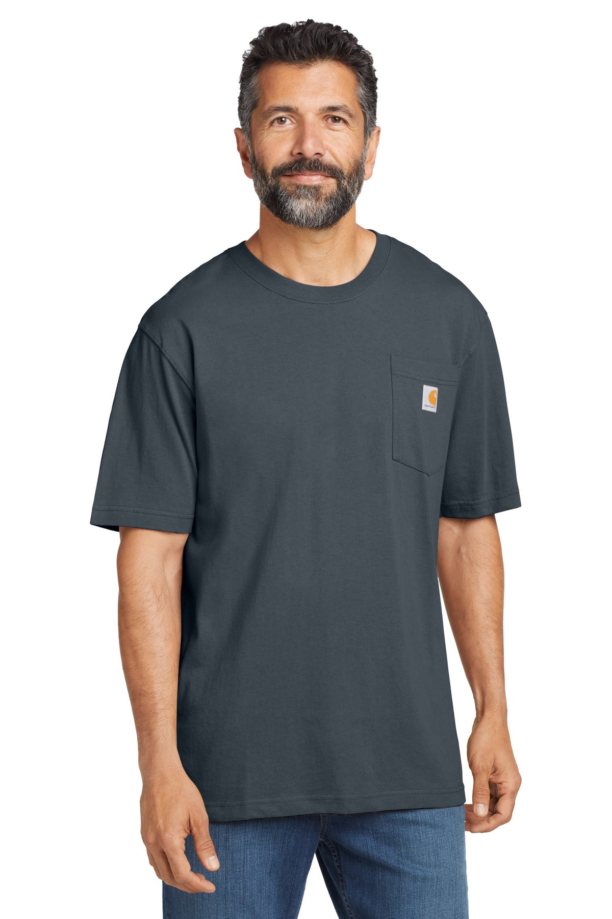 Carhartt tall workwear pocket short sleeve T-shirt in blue stone, front view showing chest pocket and durable fabric.