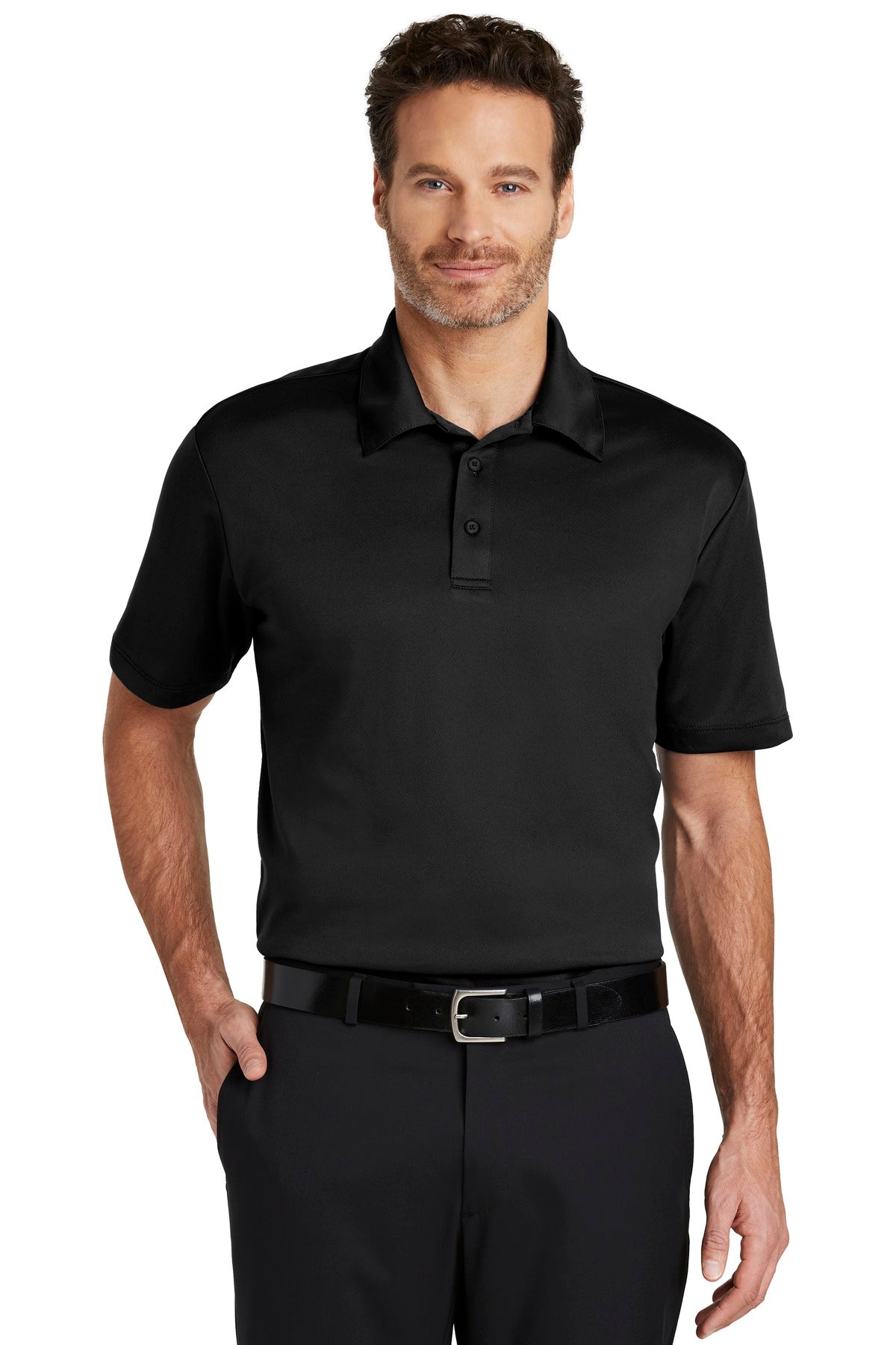 Black Port Authority Silk Touch™ Performance Polo shirt worn by male model, front view, showcasing lightweight, smooth fabric.
