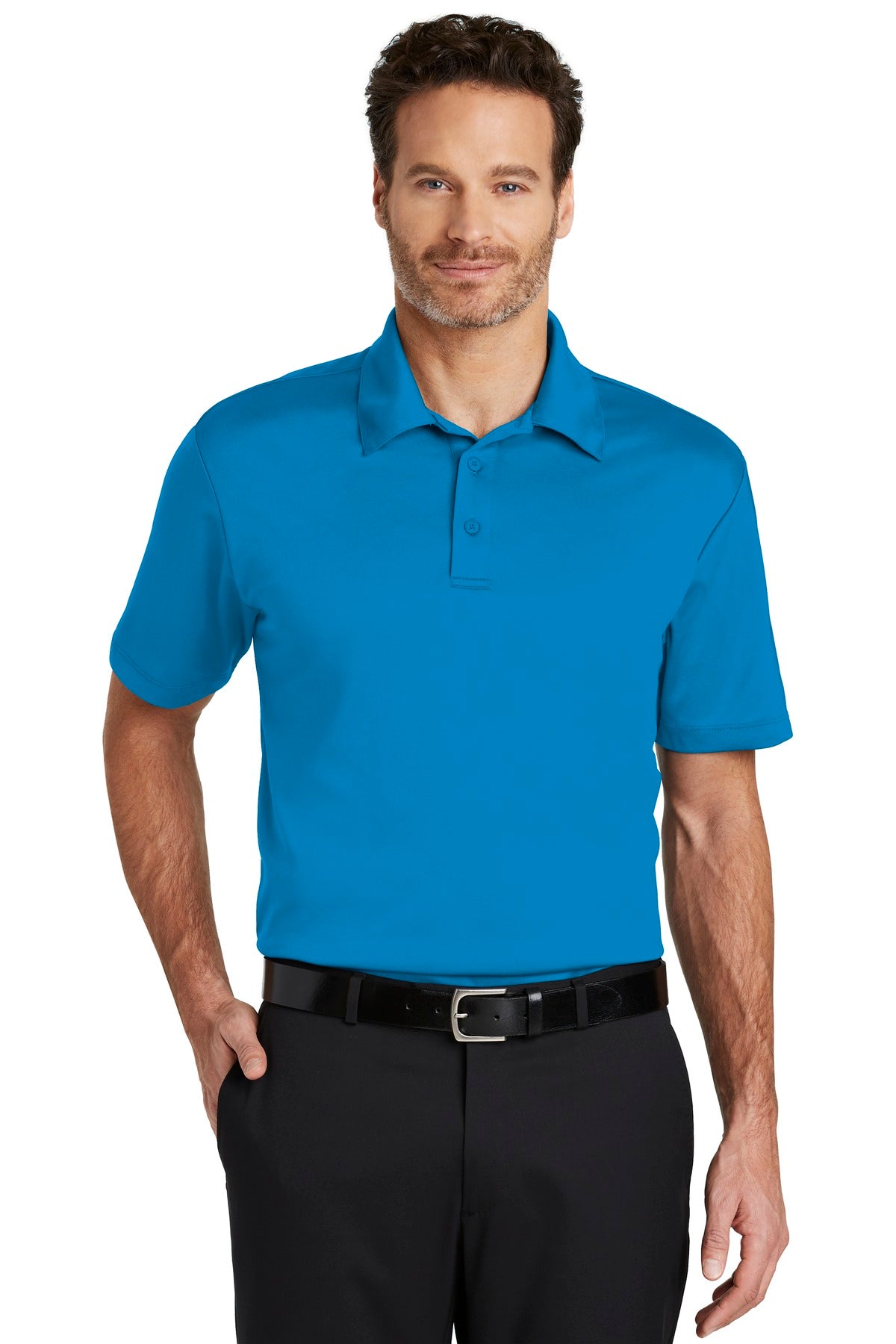 Port Authority Silk Touch Performance Polo in brilliant blue, front view showing smooth fabric and classic polo collar.