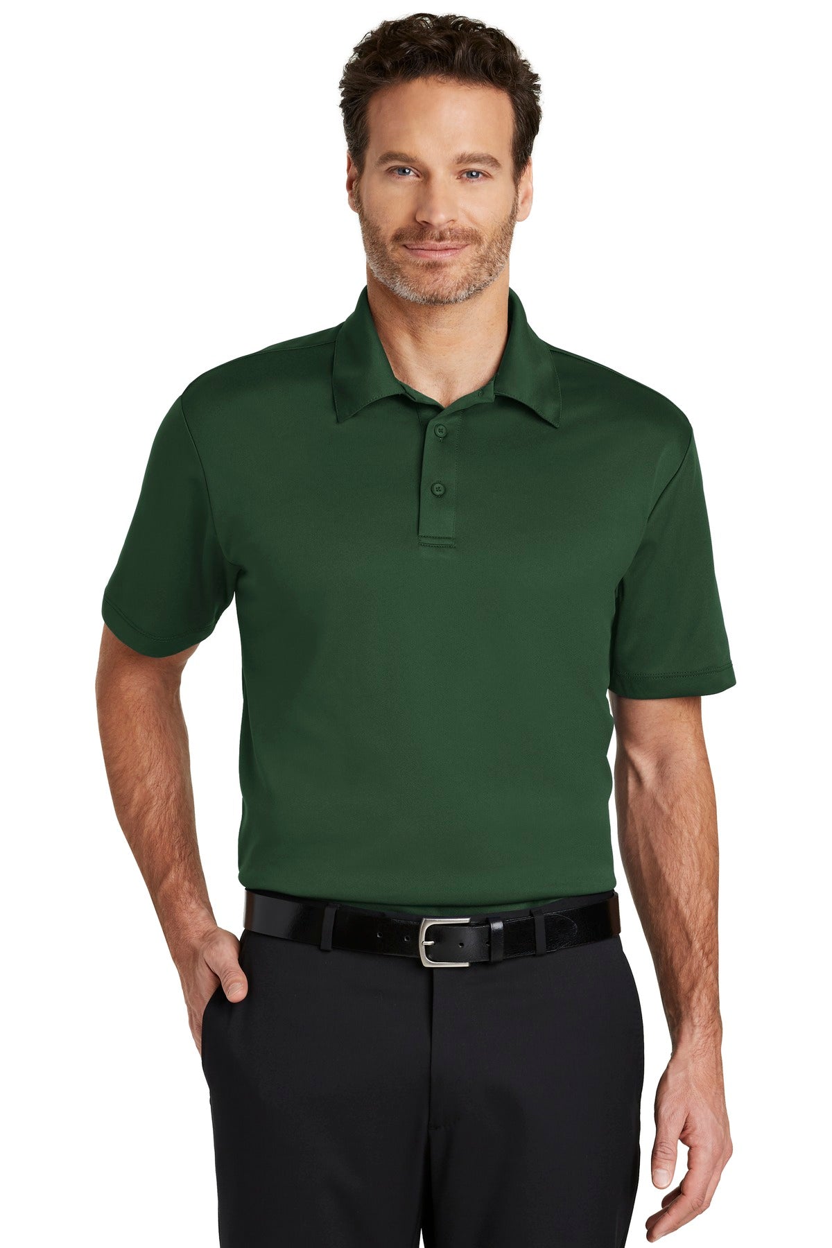 Dark green Port Authority Silk Touch Performance Polo shirt worn by a model, front view showcasing the polo's fit and fabric.