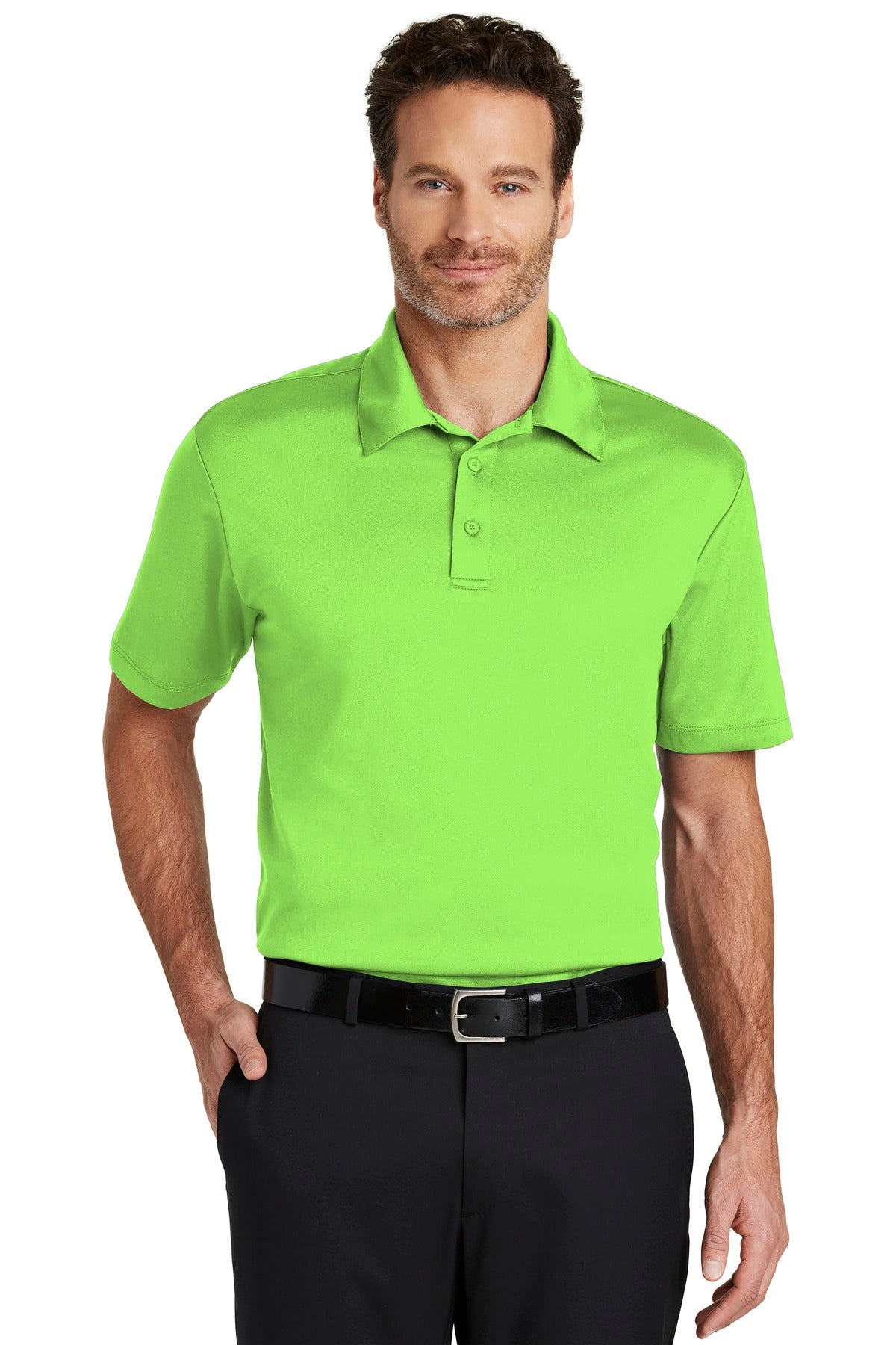 Lime green Port Authority Silk Touch Performance Polo shirt worn by a model, front view showing collar and short sleeves.