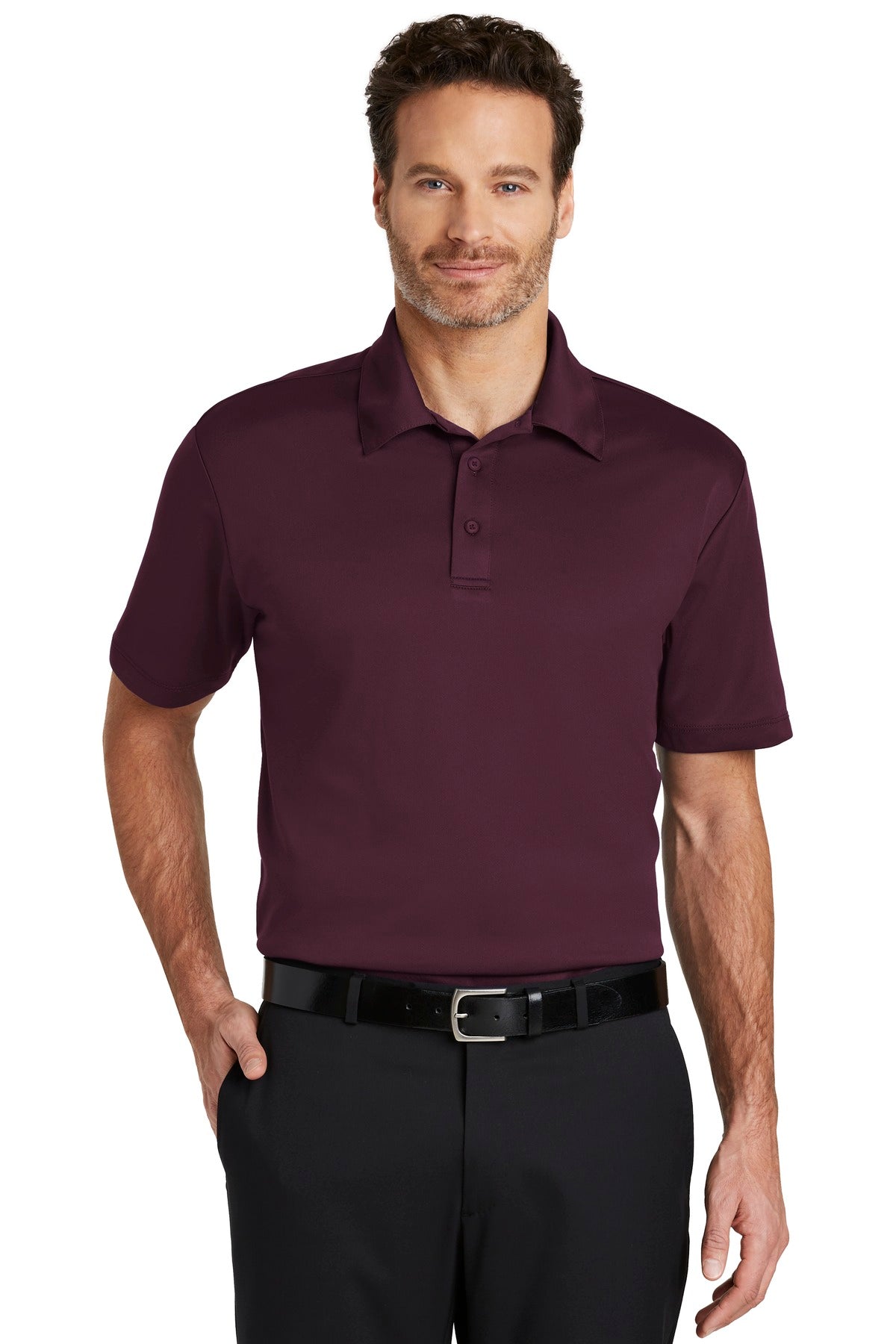 Maroon Port Authority Silk Touch Performance Polo shirt worn by a model, front view showing collar and button placket.