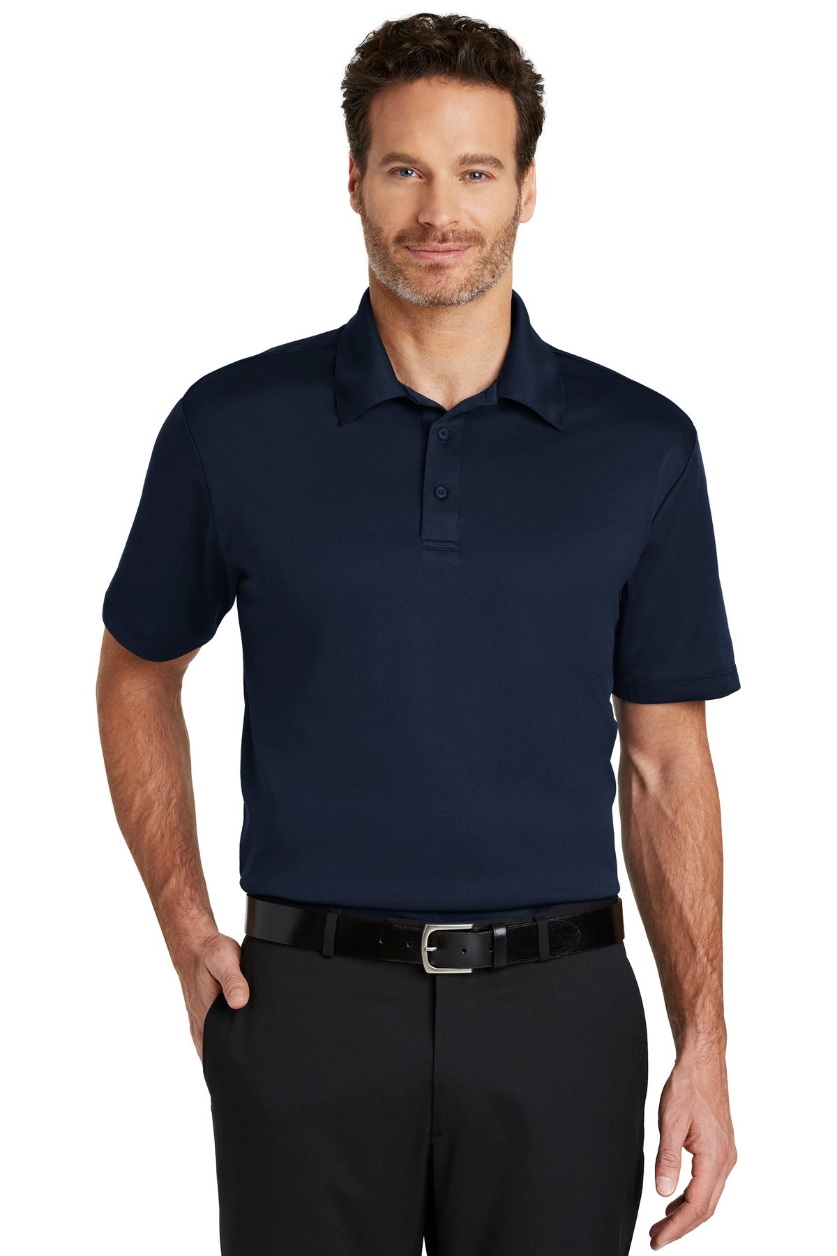 Navy Port Authority Silk Touch Performance Polo shirt worn by a model, front view showing collar and button placket.