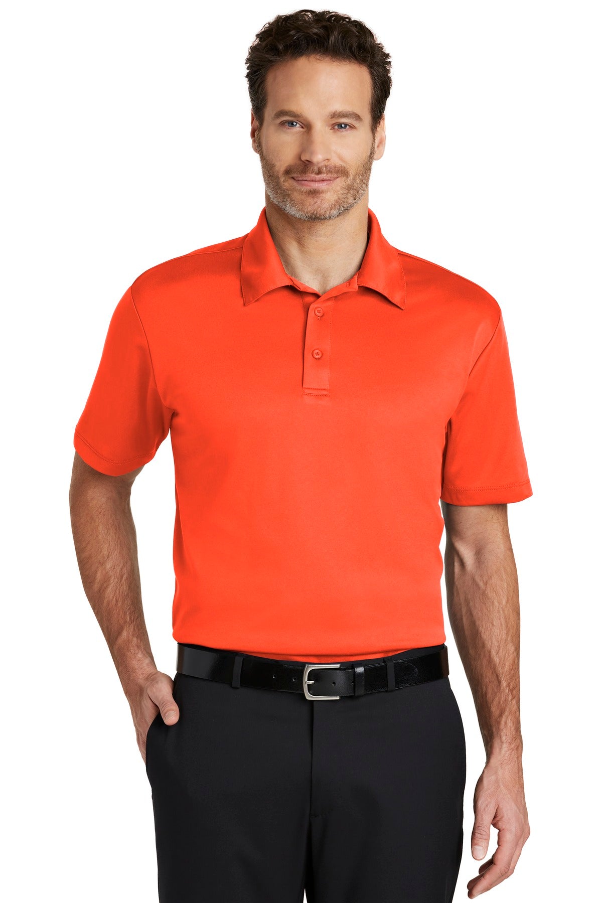 Neon orange Port Authority Silk Touch™ Performance Polo K540 worn by a model, showing the front view of the short-sleeve polo shirt.