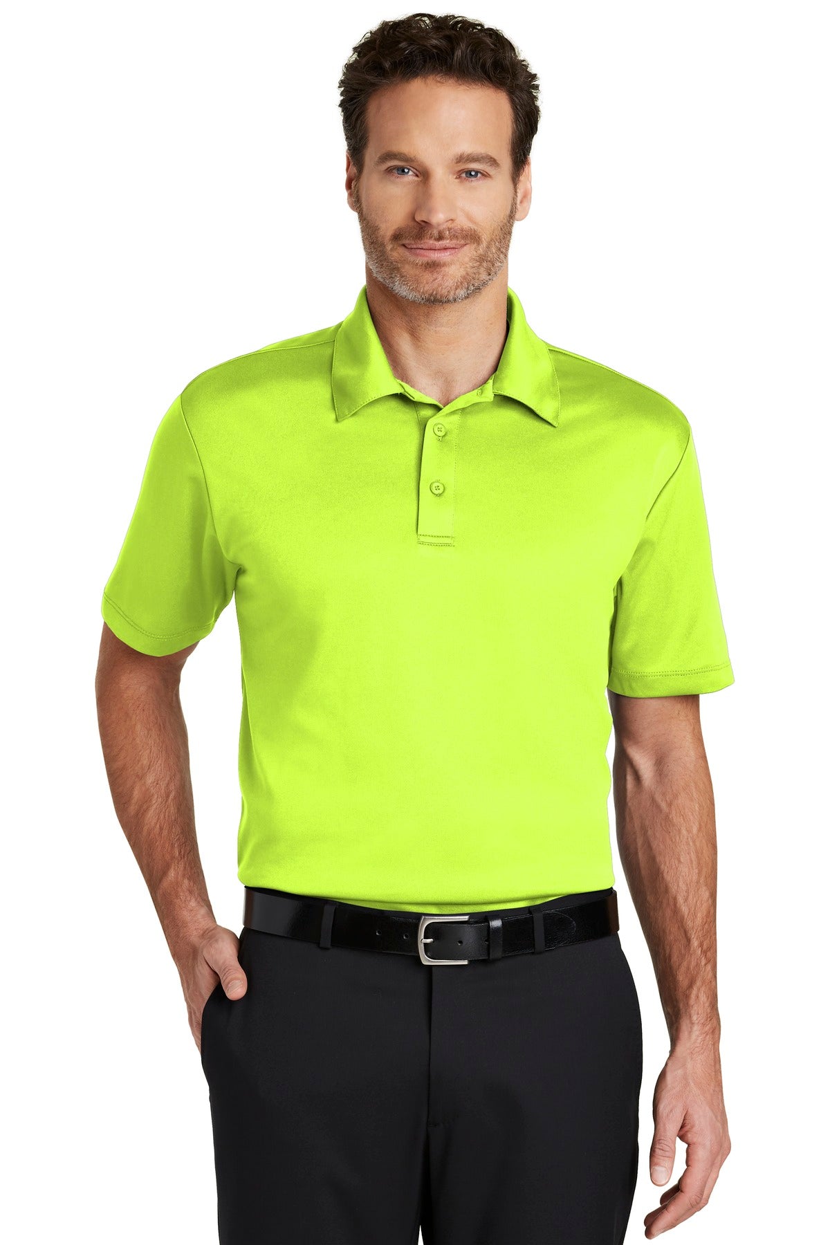 Neon yellow Port Authority Silk Touch Performance Polo shirt worn by a model, front view, showcasing the comfortable fit and smooth fabric.