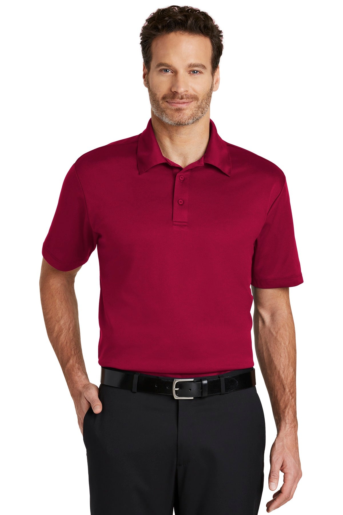 Red Port Authority Silk Touch™ Performance Polo shirt worn by a model, front view showing lightweight, breathable fabric.