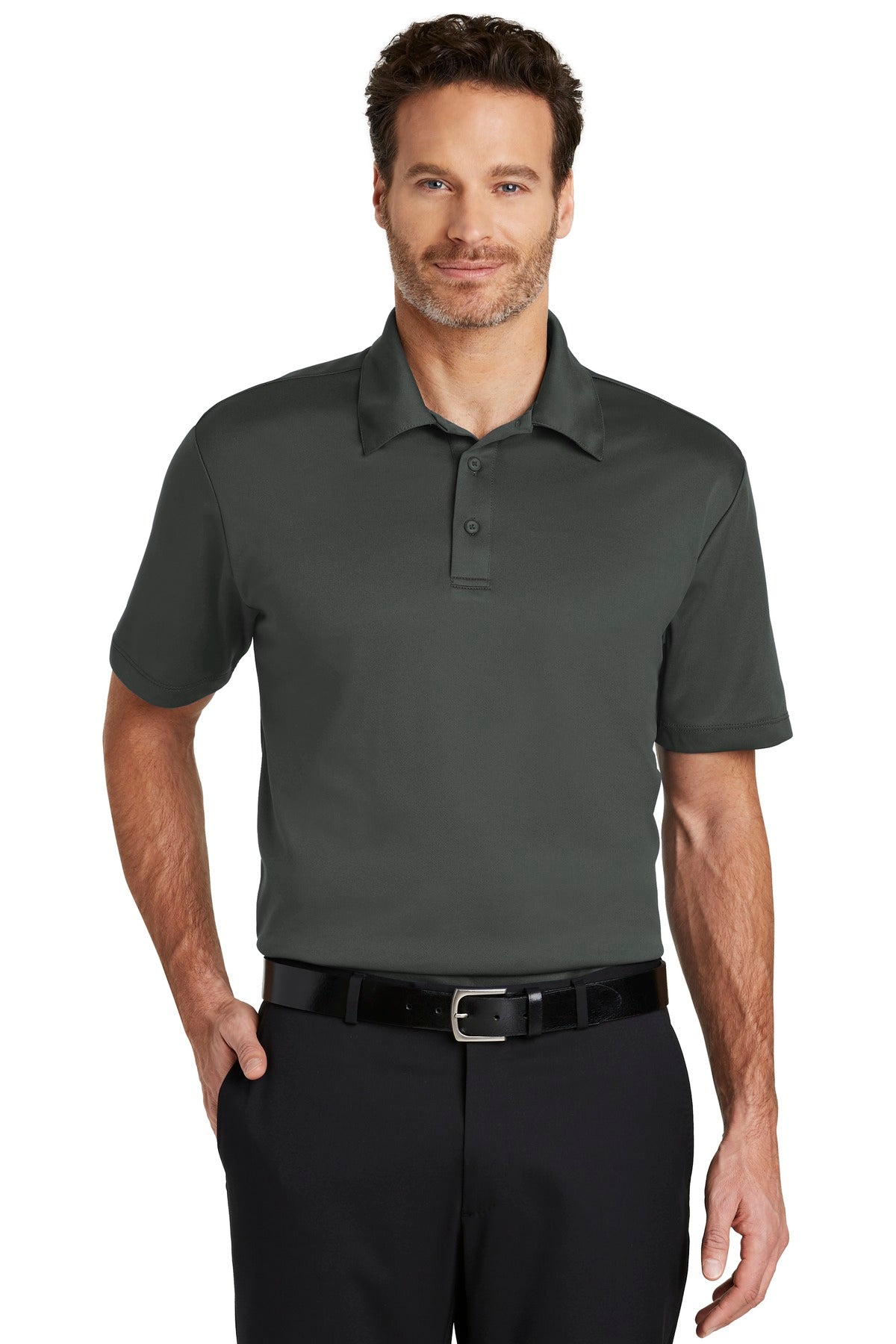 Steel grey Port Authority Silk Touch Performance Polo K540 worn by a model, front view showing the classic polo design and fit.