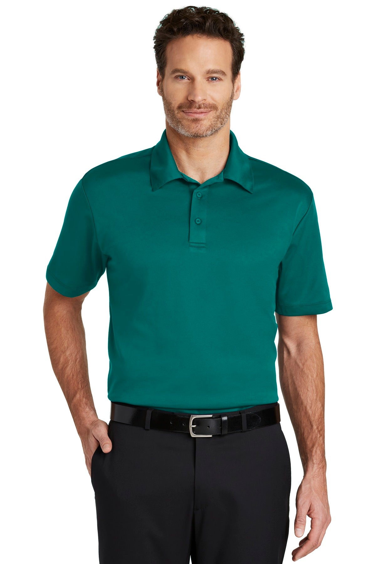 Port Authority Silk Touch™ Performance Polo in teal green, front view on male model, showcasing the soft, breathable fabric and polo collar.