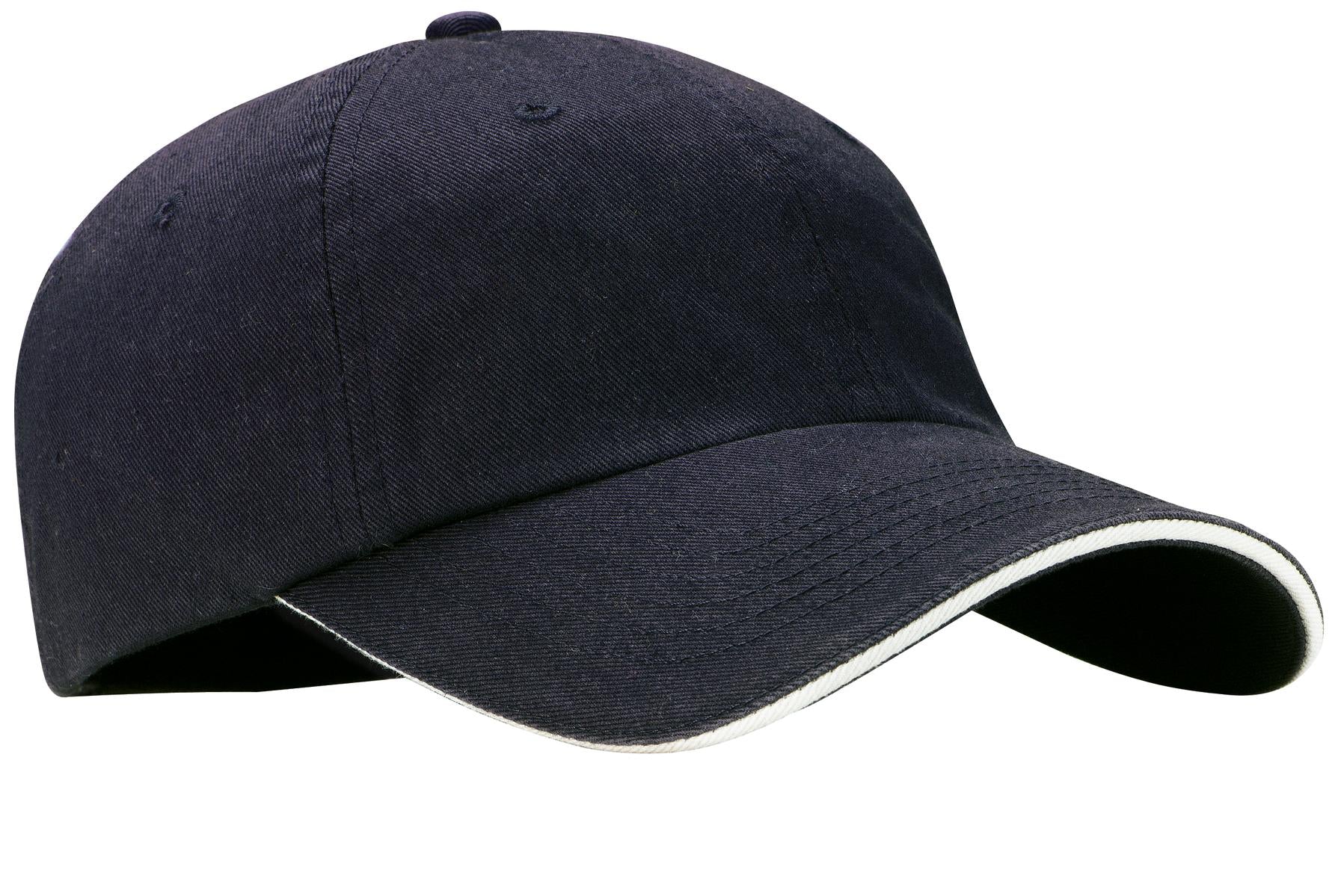Port Authority navy and white sandwich bill cap with striped closure, classic style and adjustable fit.