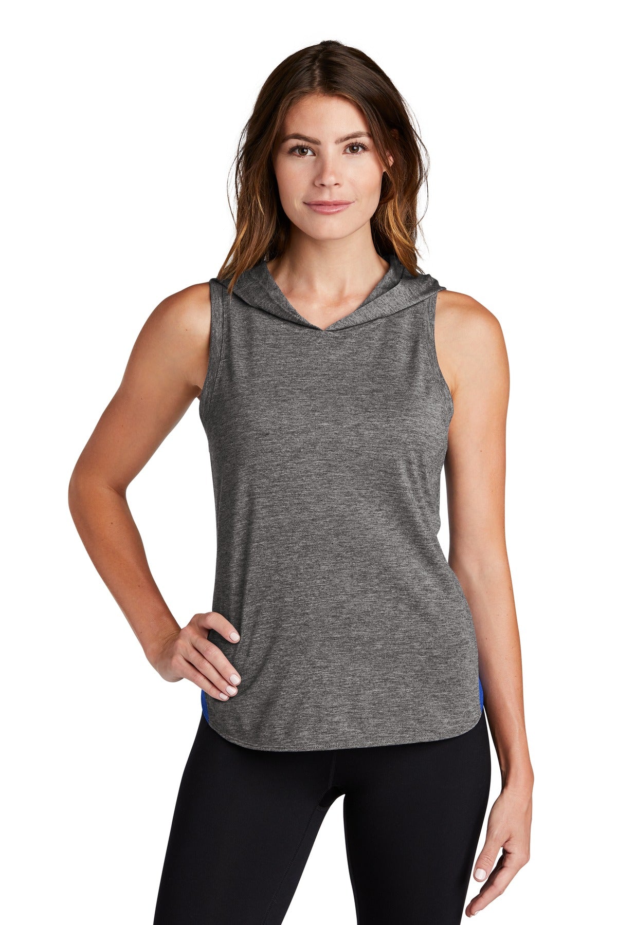 Sport-Tek women's PosiCharge tri-blend wicking draft hoodie tank, front view, lightweight athletic sleeveless top.