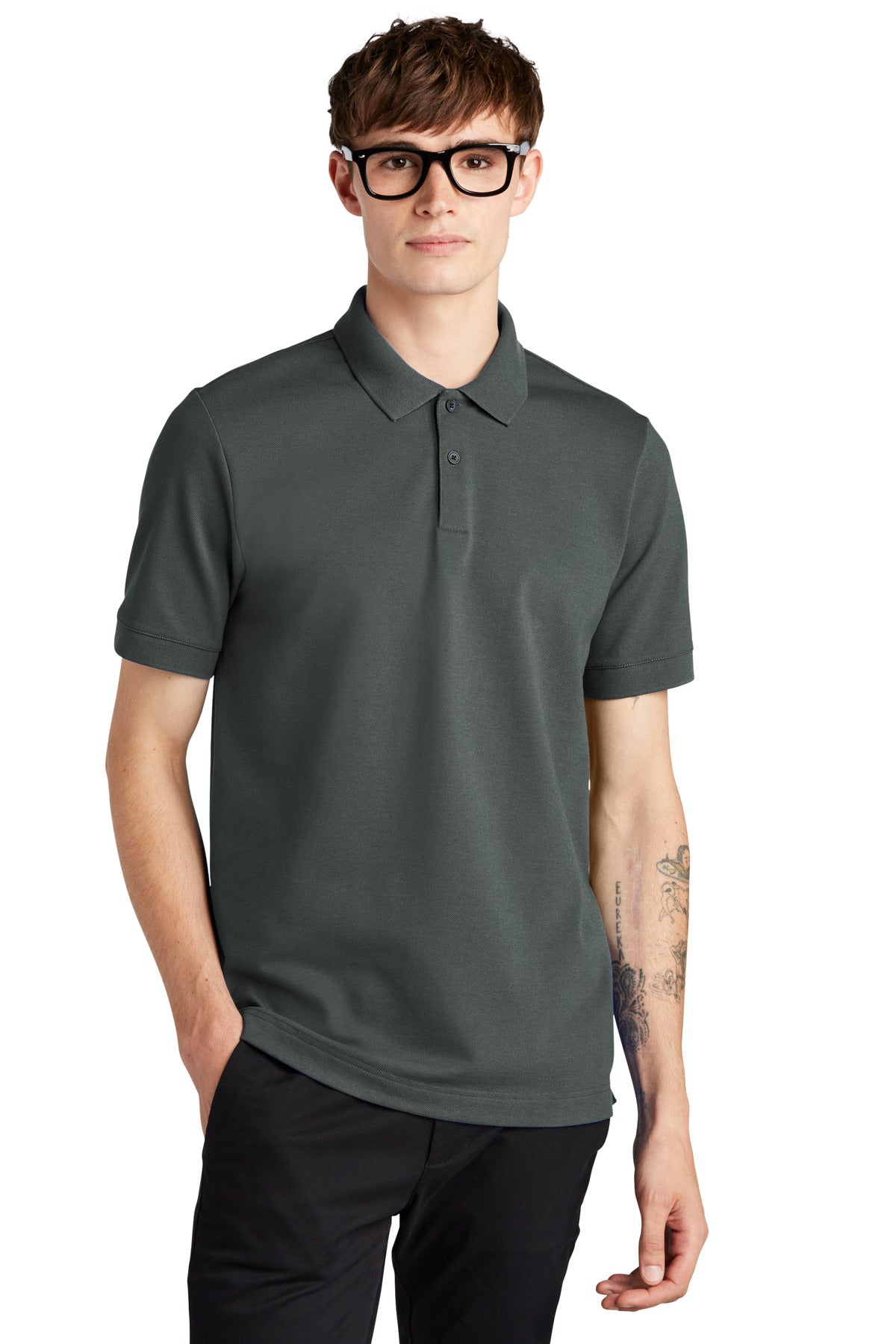 Front view of Mercer+Mettle Stretch Heavyweight Pique Polo MM1000 in anchor grey, showing classic polo collar and fit.