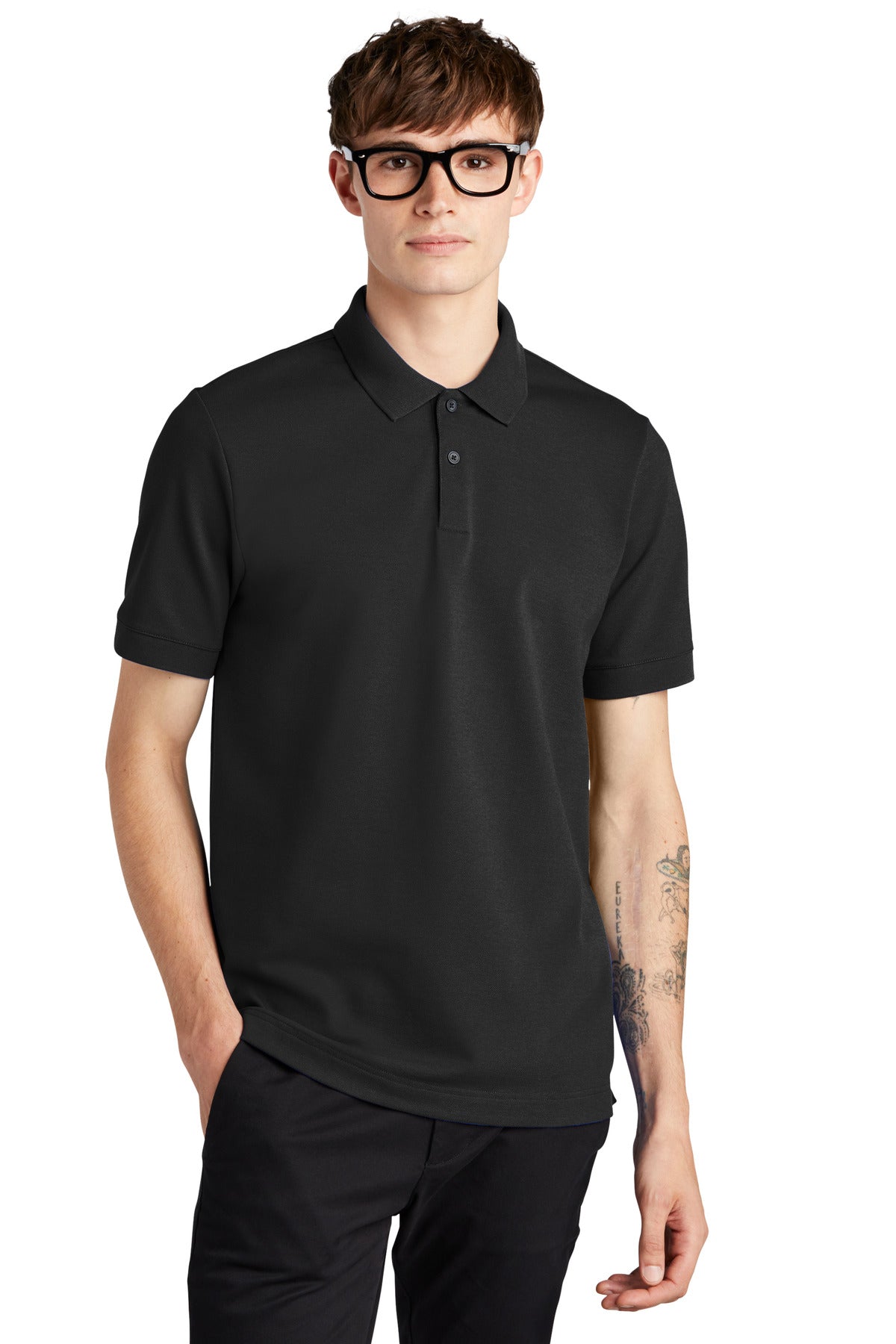 Front view of Mercer+Mettle Stretch Heavyweight Pique Polo in deep black, showcasing the classic collar and short sleeves.