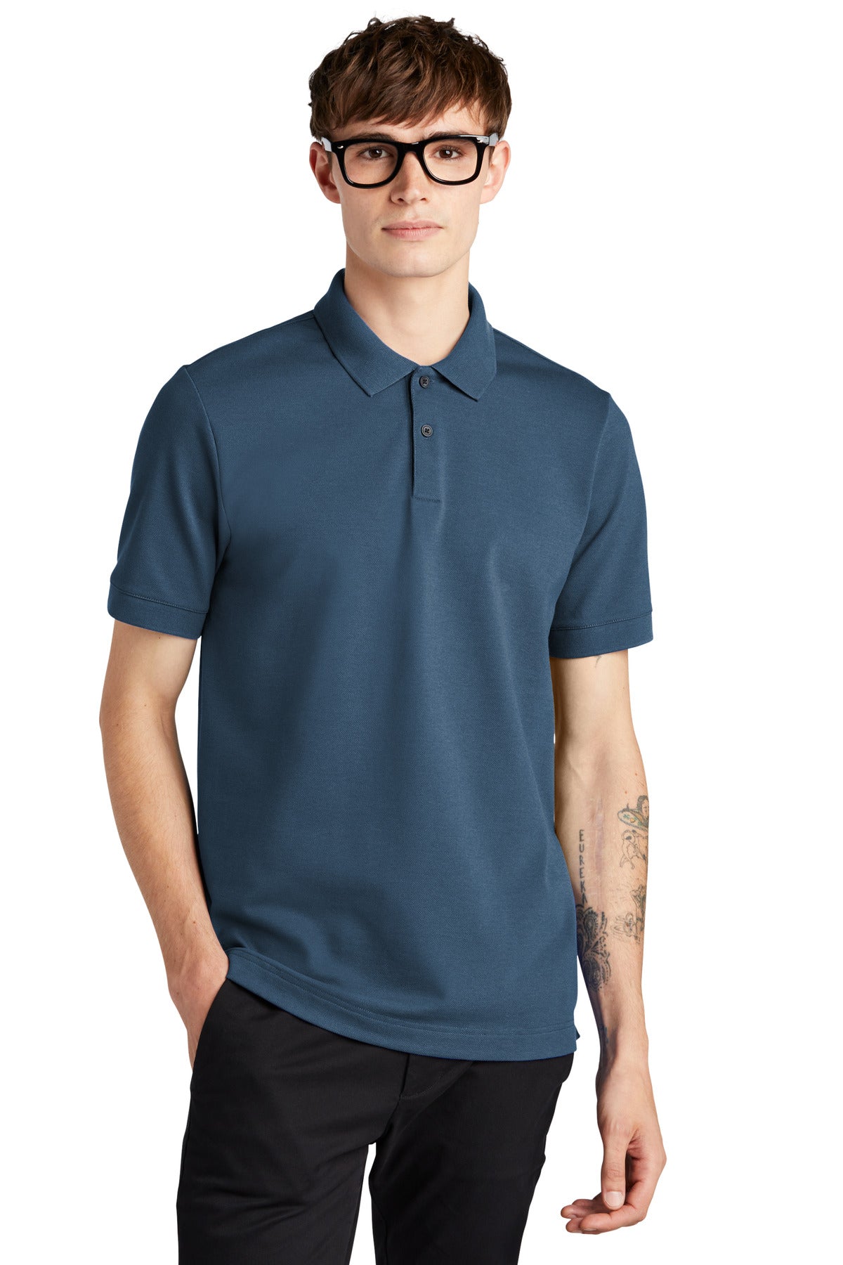 Mercer+Mettle Stretch Heavyweight Pique Polo MM1000 in Insignia Blue, front view on male model showing collar and polo details.