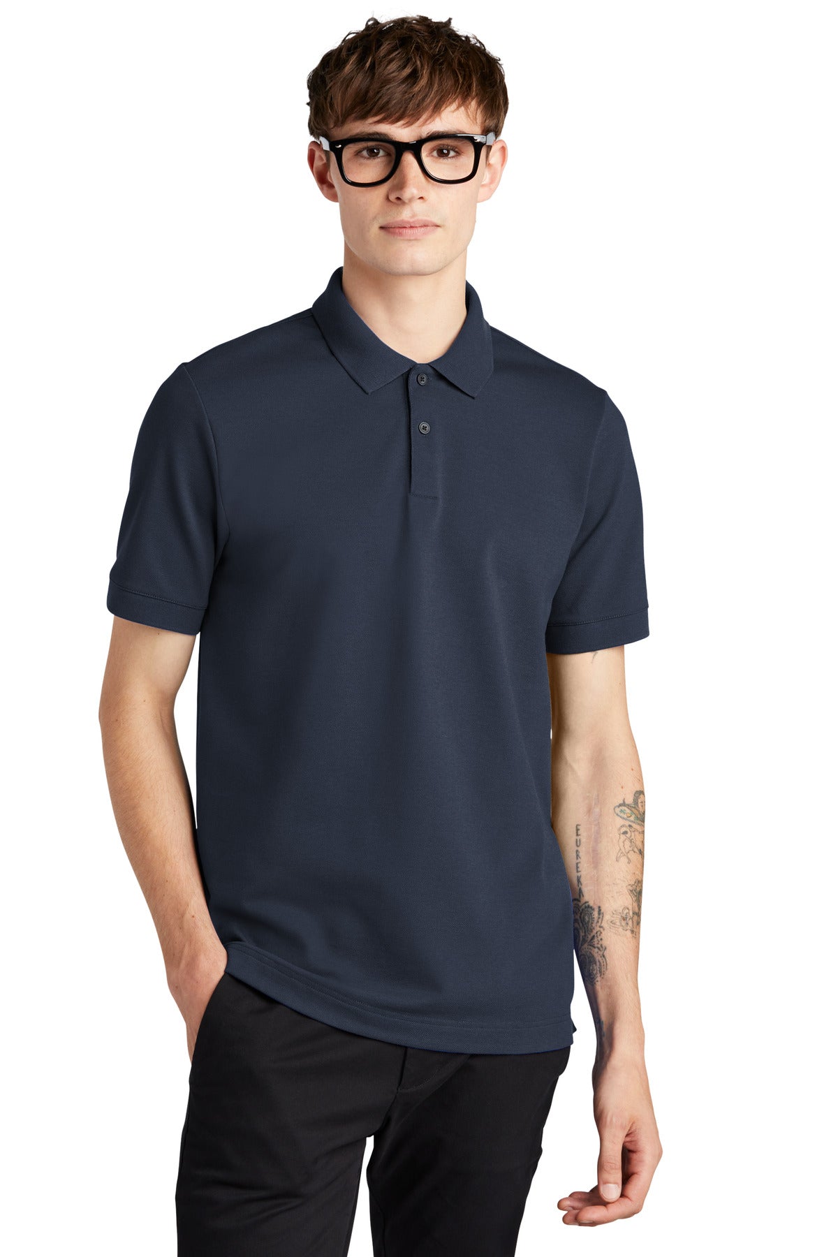 Mercer+Mettle Stretch Heavyweight Pique Polo MM1000 in night navy, front view on a model showing fit and fabric texture.