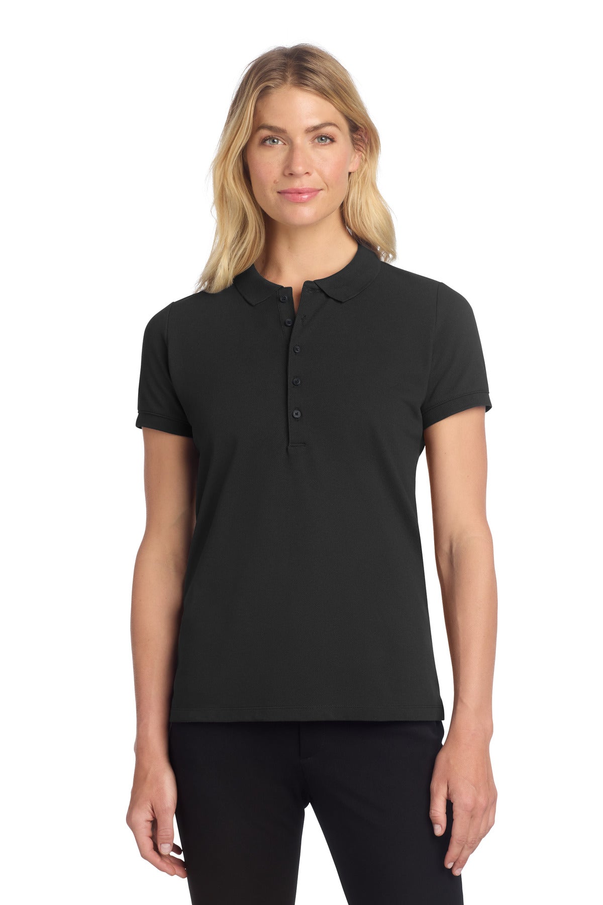 Mercer+Mettle women's heavyweight stretch pique polo shirt in deep black, front view showing collar and fit.