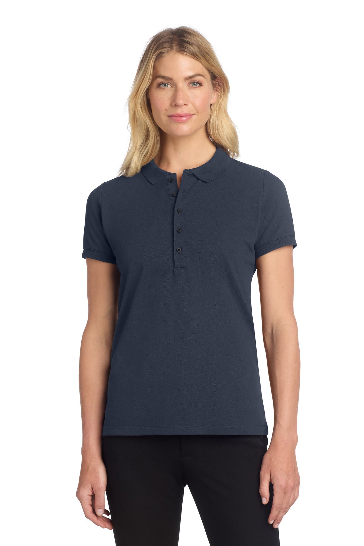 Night navy Mercer+Mettle women's heavyweight pique polo shirt, front view showing collar and fit.