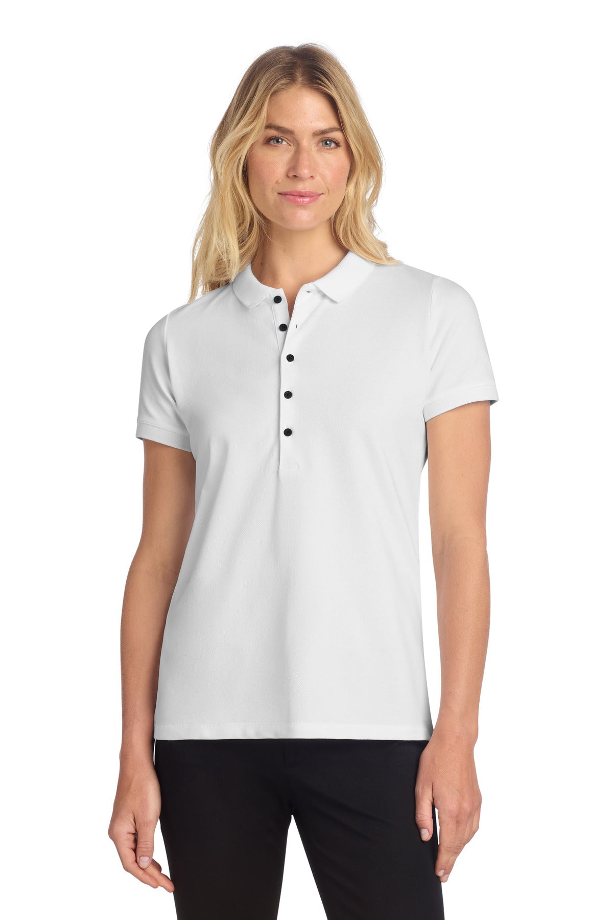 White Mercer+Mettle women's stretch heavyweight pique polo shirt, front view on a model.