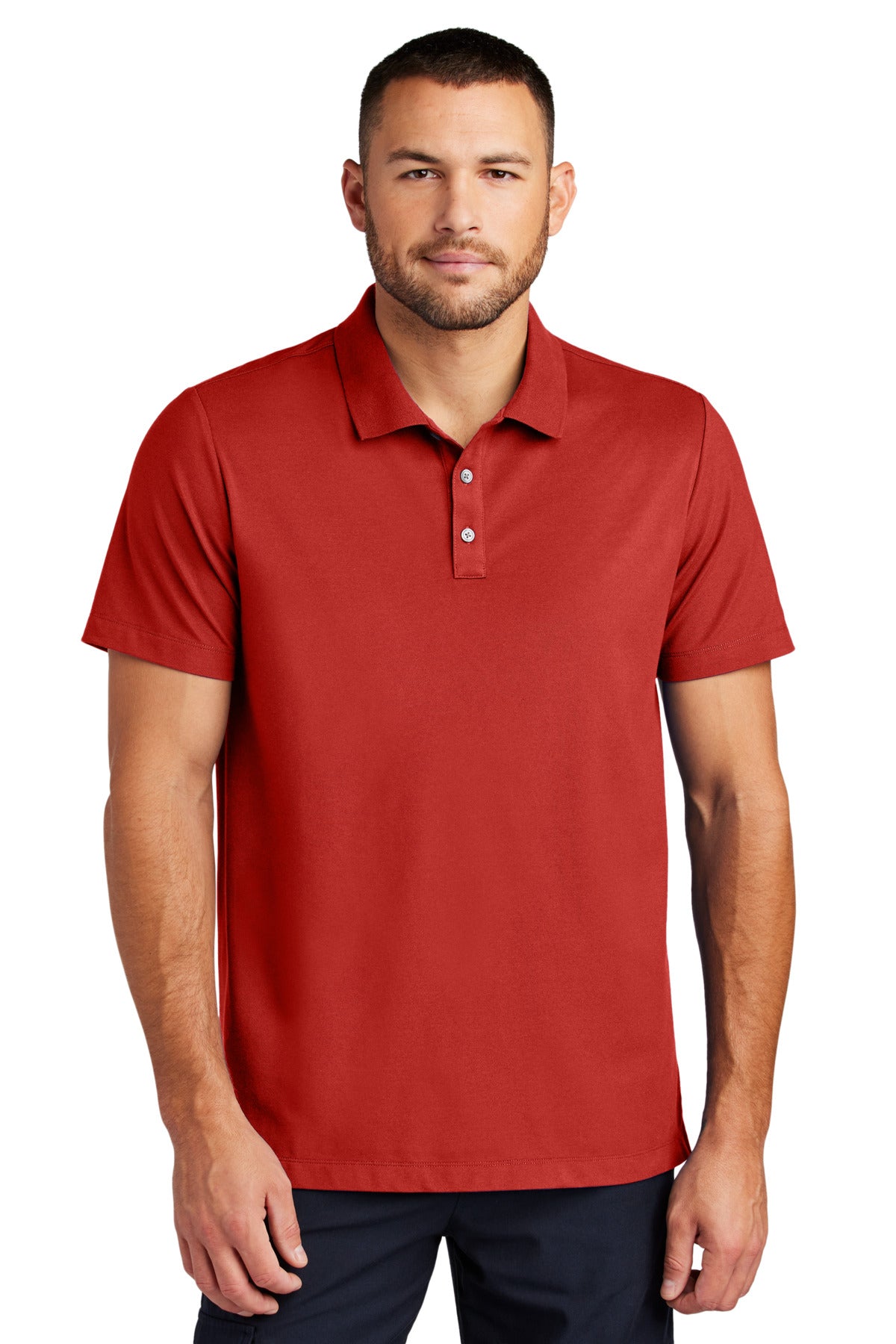 Mercer+Mettle Stretch Pique Polo in apple red, front view showing classic collar and short sleeves, made from comfortable pique fabric.