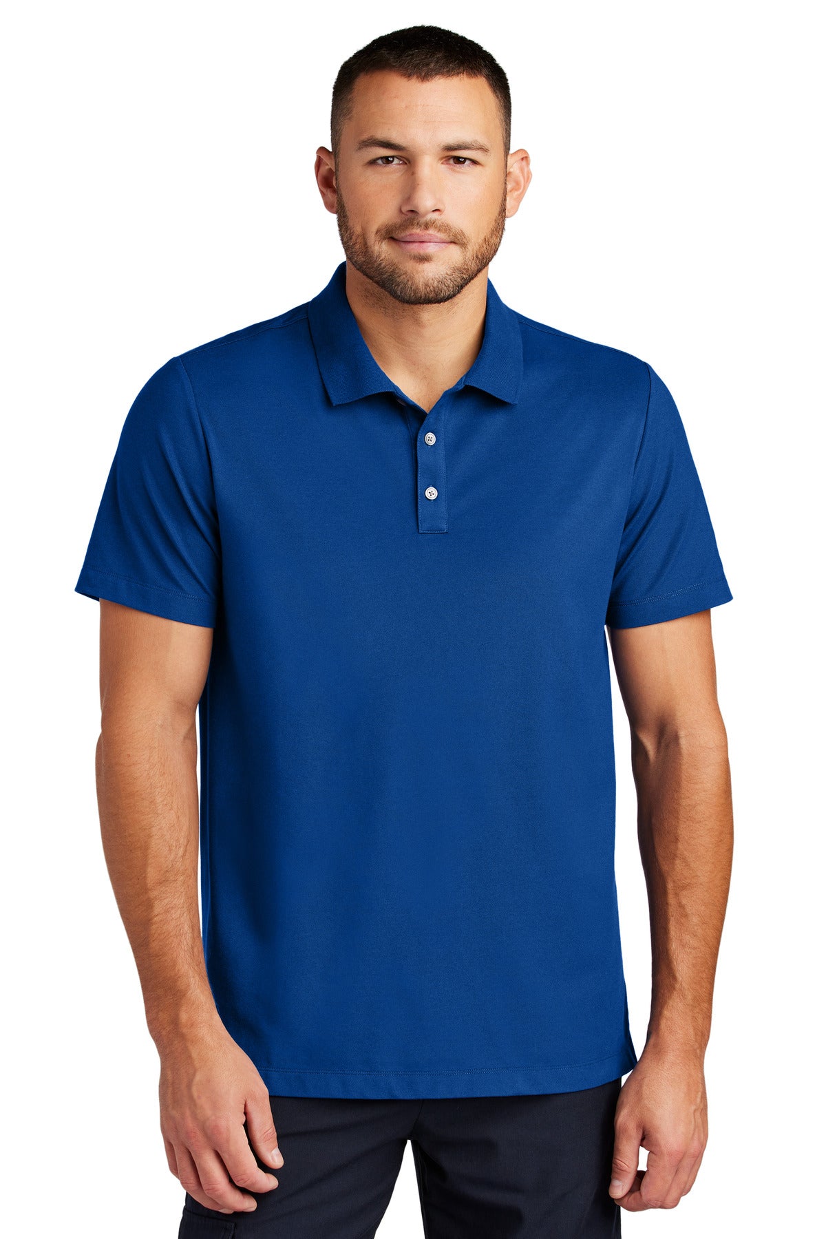 Mercer+Mettle Stretch Pique Polo shirt in blue note color, front view on model, showcasing collar and fit.