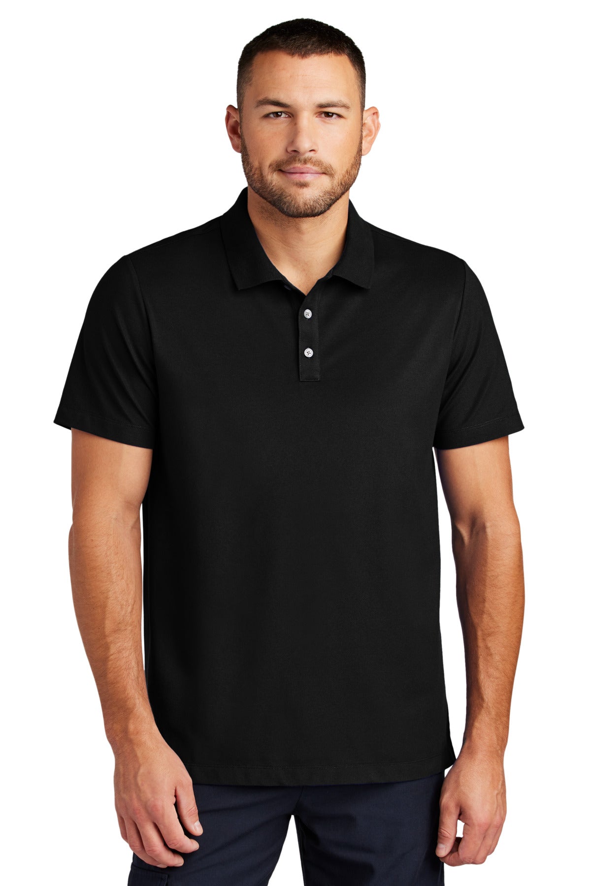 Front view of Mercer+Mettle Stretch Pique Polo in deep black, featuring a classic collar and short sleeves.