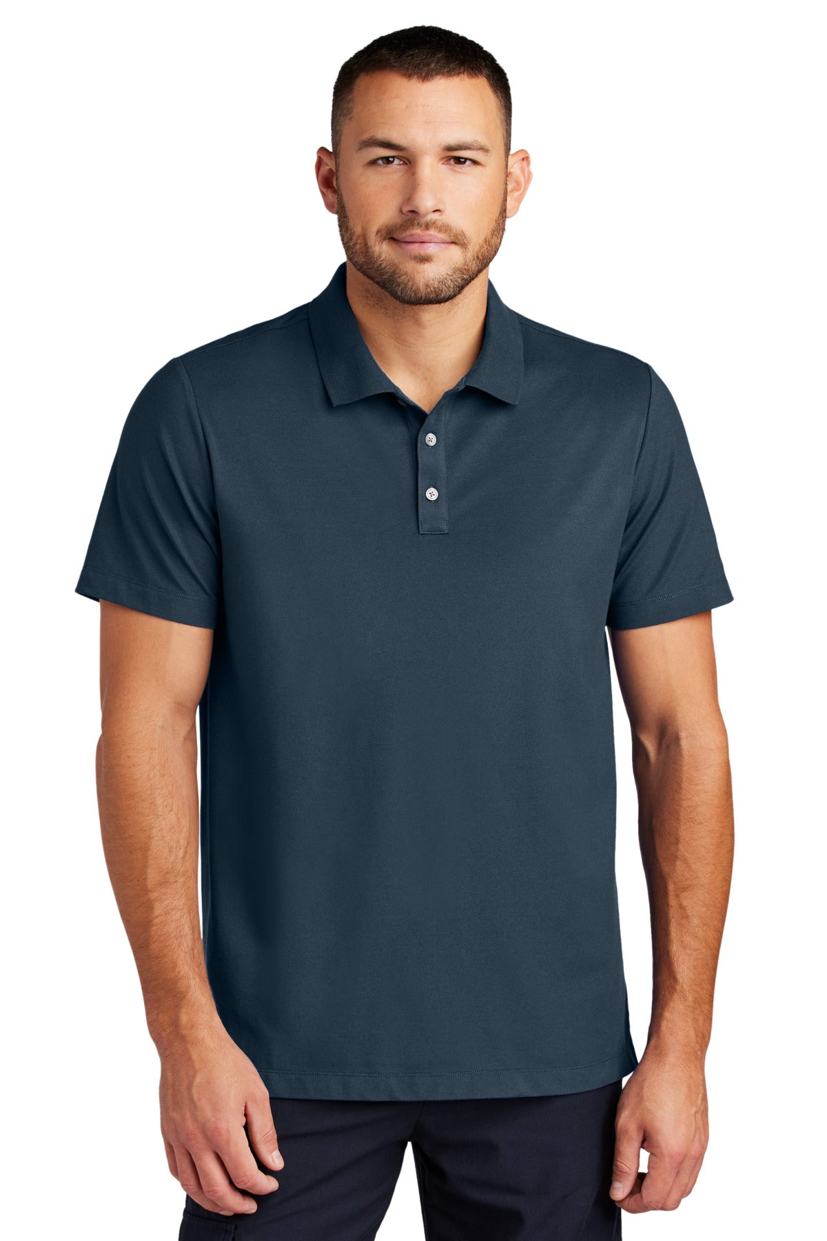 Mercer+Mettle Stretch Pique Polo in night navy, front view showing classic collar and short sleeves.