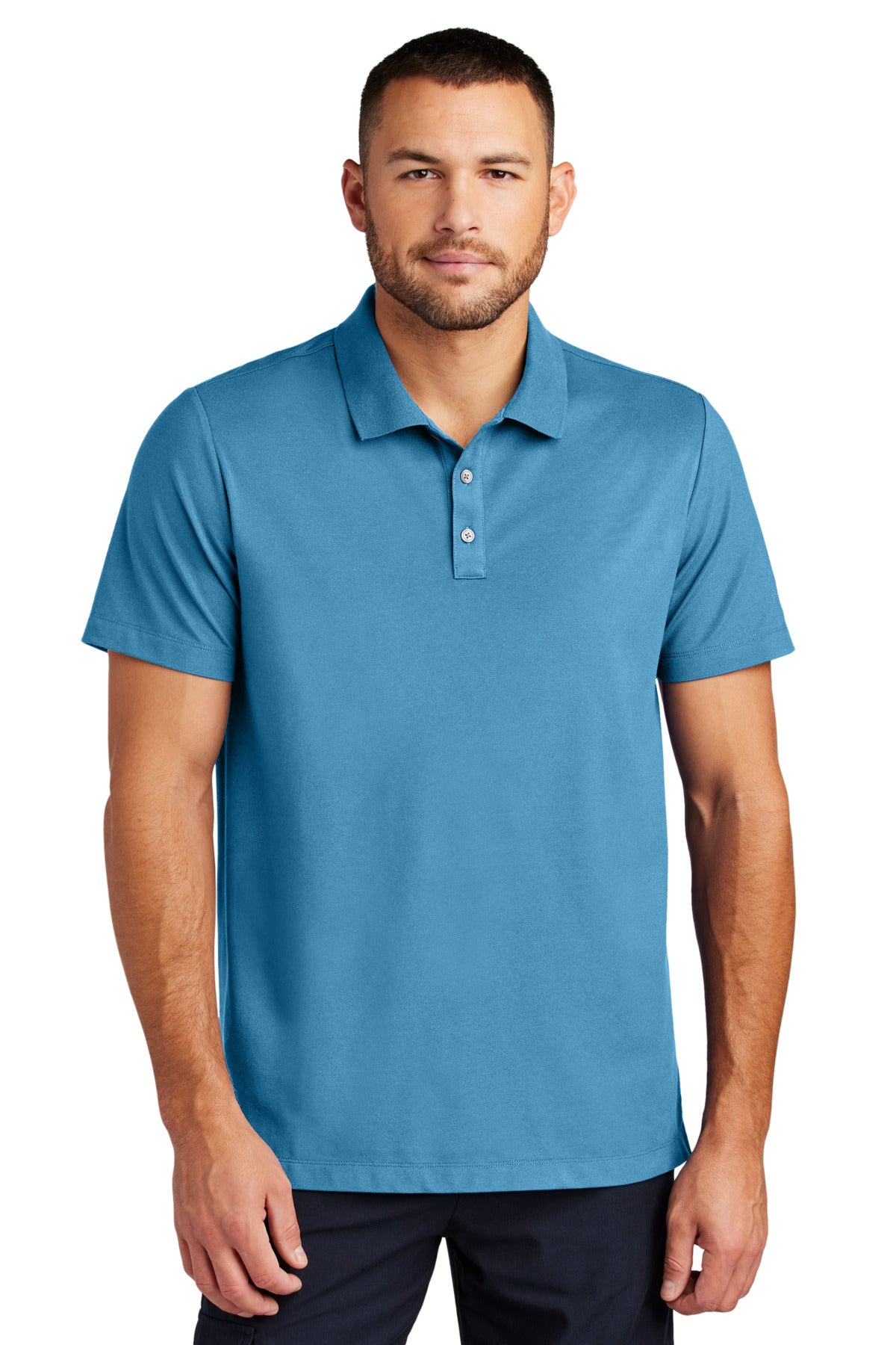 Mercer+Mettle Stretch Pique Polo MM1004 in Parisian Blue, front view showing classic collar and short sleeves.