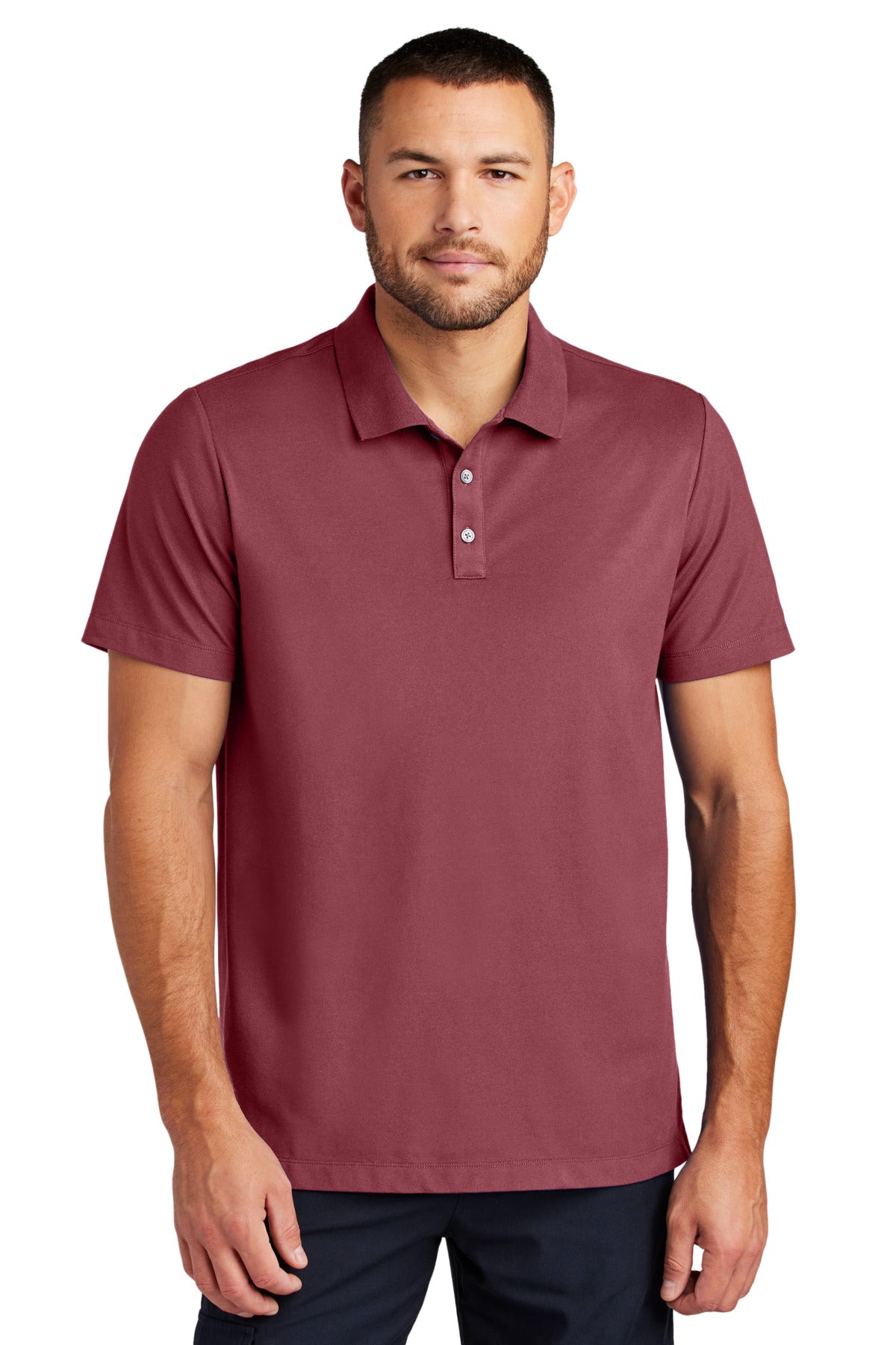 Mercer+Mettle Stretch Pique Polo MM1004 in rosewood color, front view showing classic collar and short sleeves.