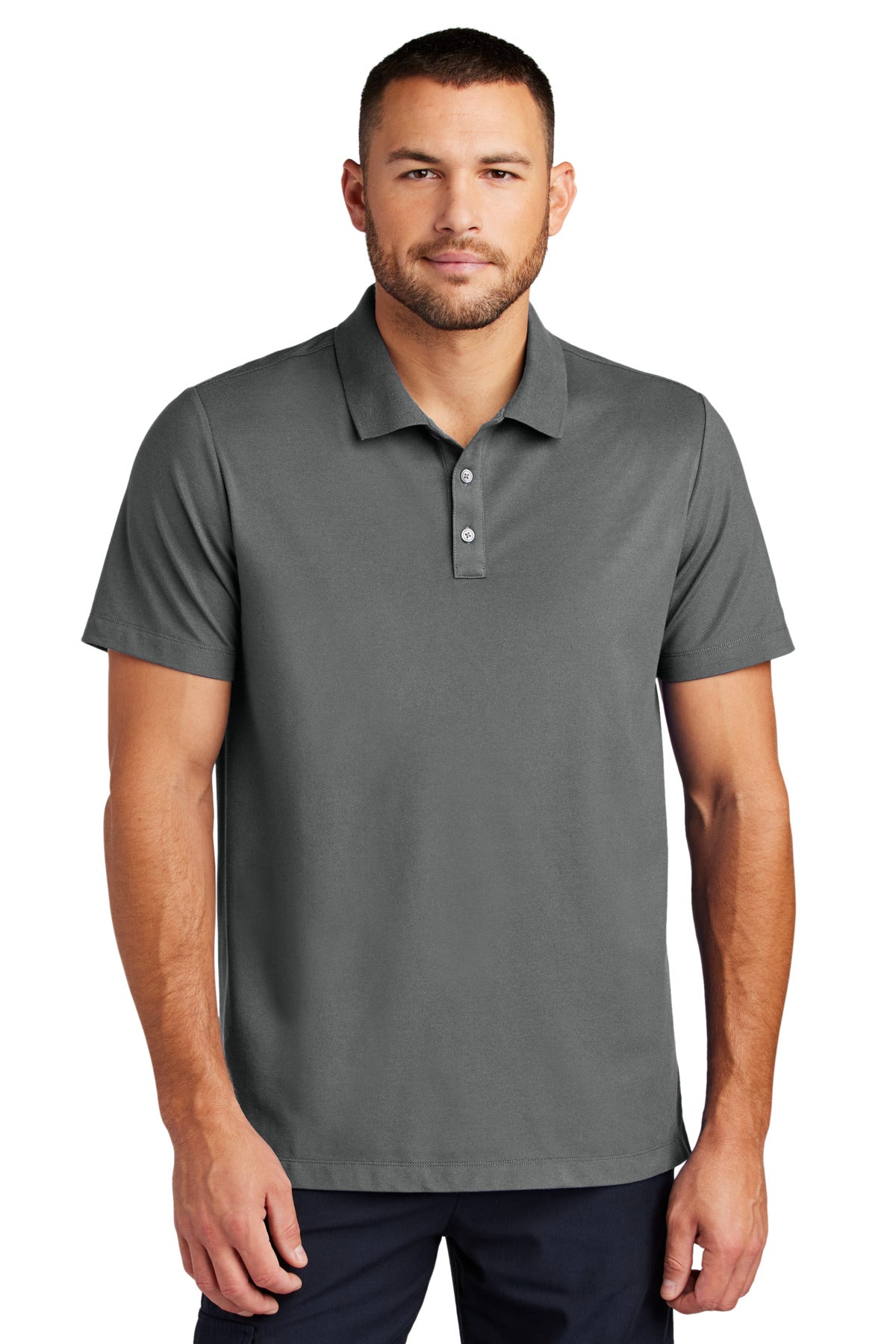 Mercer+Mettle Stretch Pique Polo MM1004 in storm grey, front view showing classic collar and polo design.